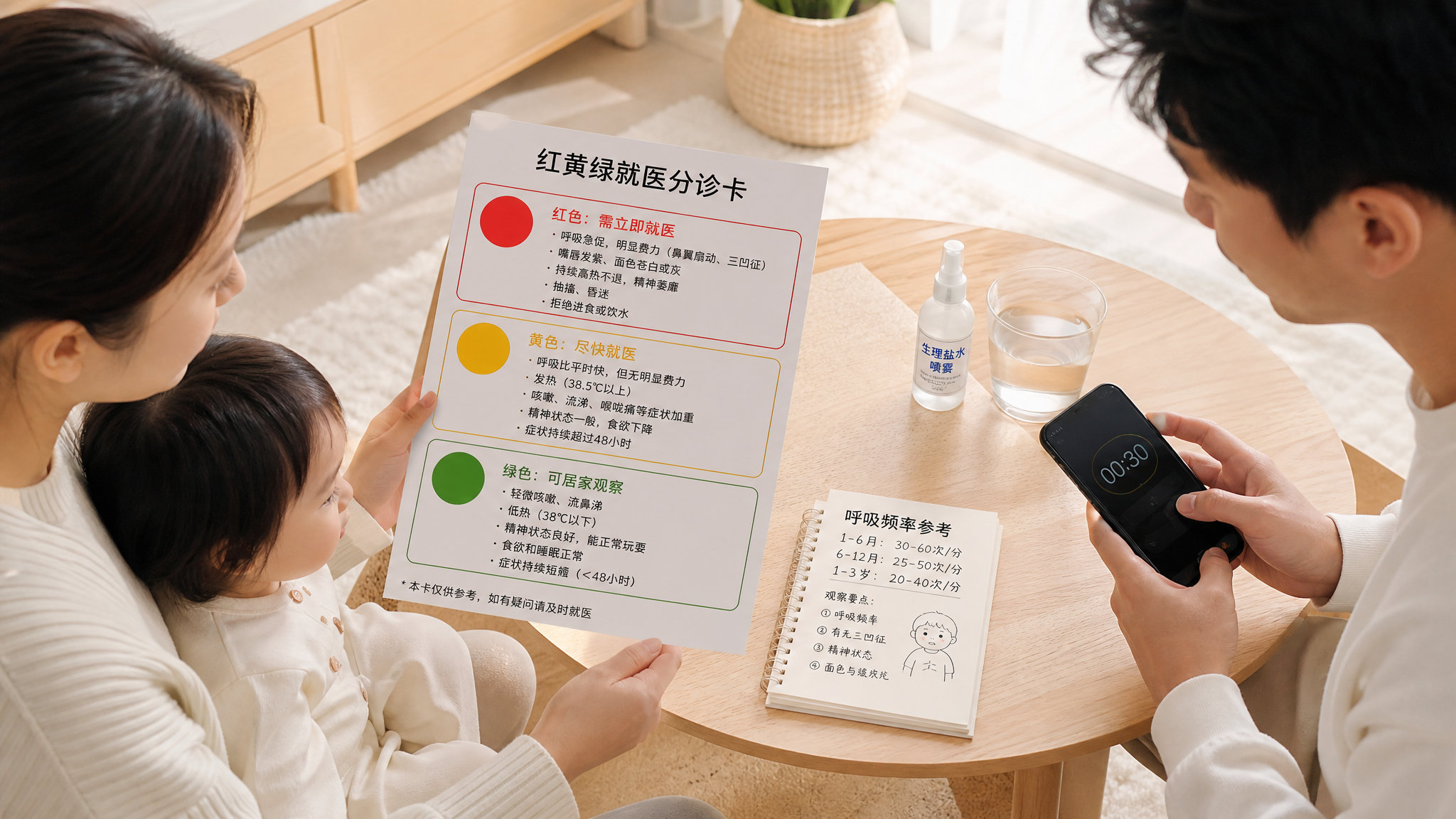 中国年轻妈妈在家中客厅，手里拿着一张“红黄绿就医分诊卡”对照观察中国1-3岁幼儿的呼吸状态，爸爸在一