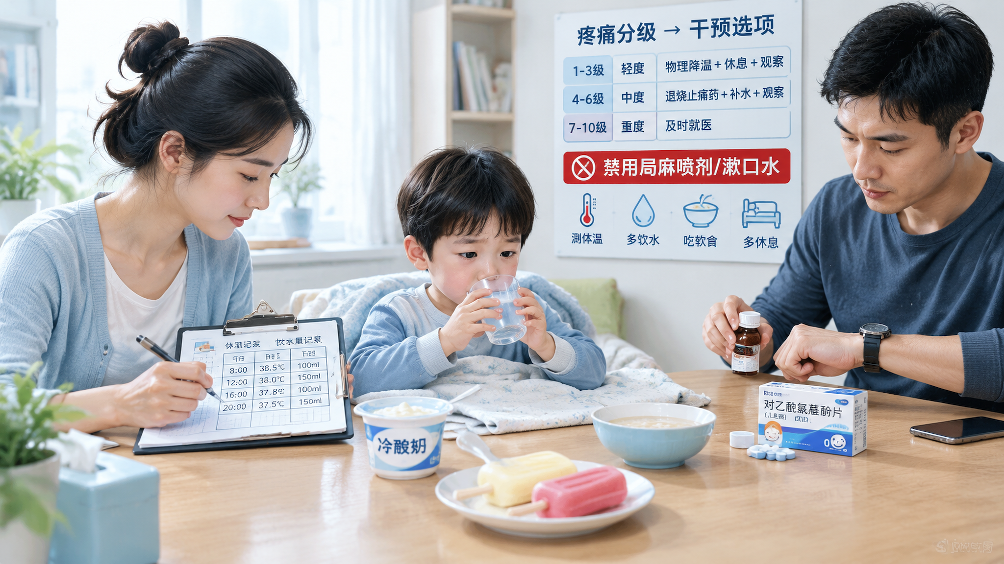 中国年轻父母在家中明亮整洁的餐桌旁照顾一位中国幼儿，孩子略显不适但正在小口喝水，妈妈手持记录表记录体