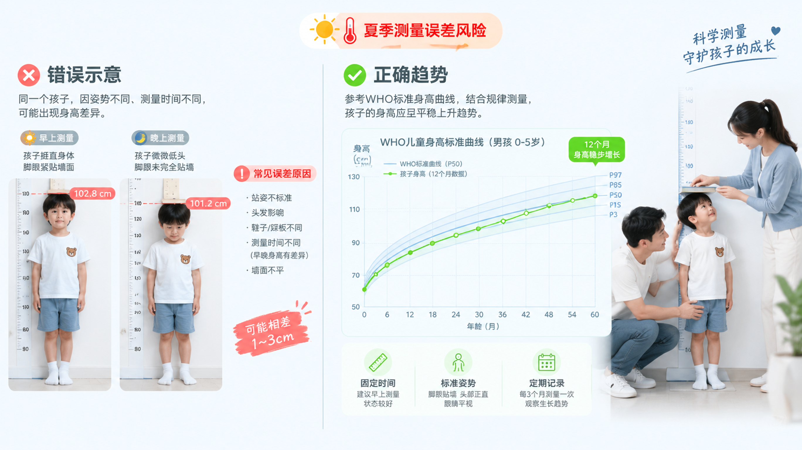 冷白色背景的科普海报风插画，画面左右分栏对比：左侧为“错误示意”——同一个中国幼儿在一天早晚两次测量