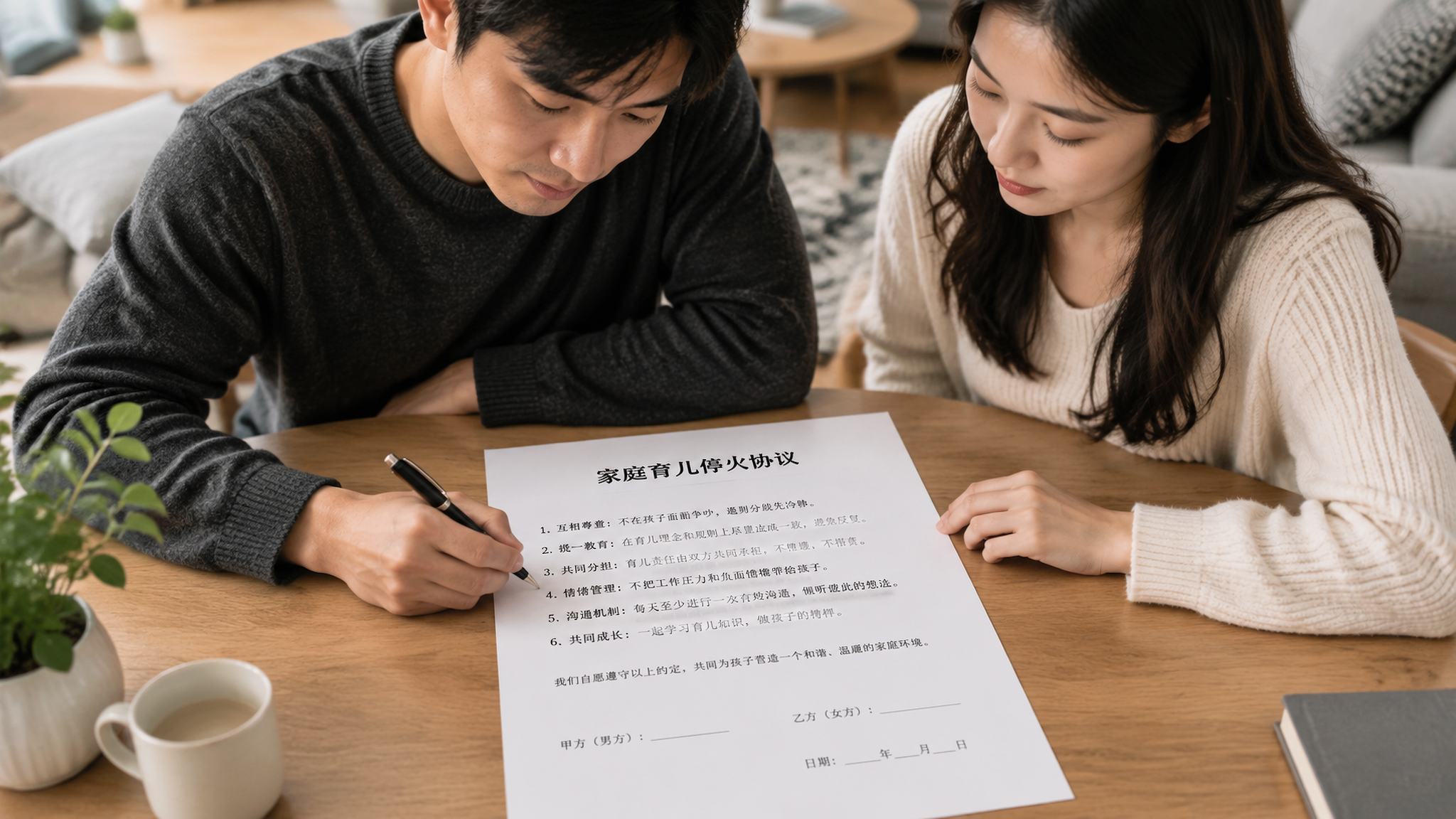 中国年轻夫妻坐在餐桌前共同写一份“家庭育儿停火协议”文件，白纸黑字条款编号清晰，纸张上有签名栏留空，