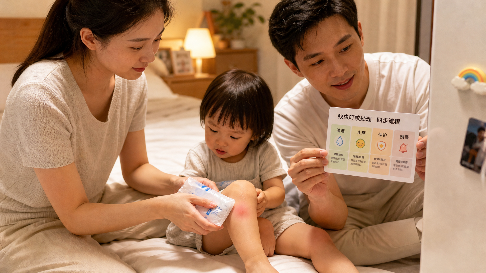 中国年轻父母在家中明亮整洁的卧室里，夜间睡前给中国2岁左右幼儿做皮肤巡检与破皮处理，妈妈用冷敷袋轻敷