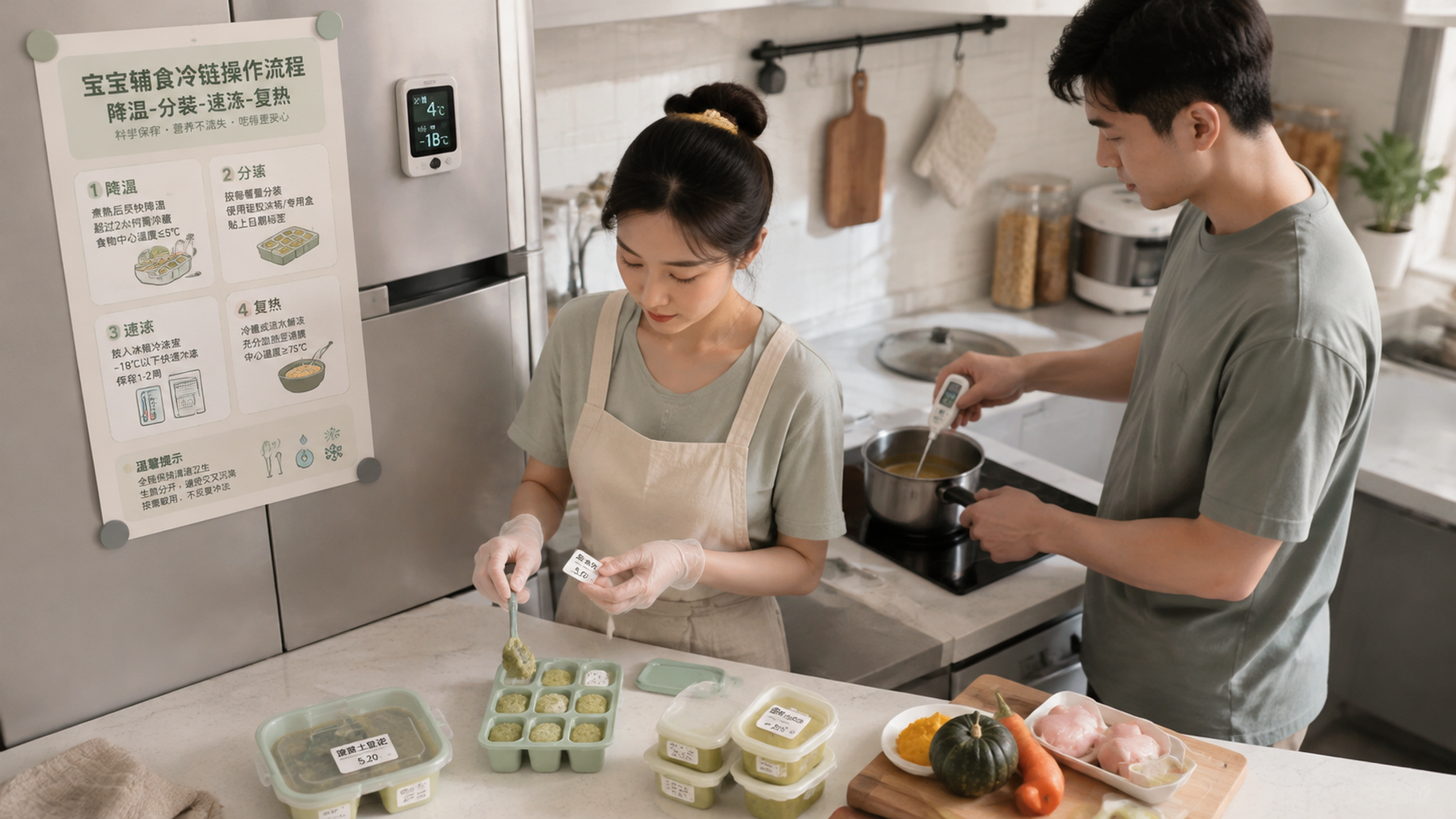 中国年轻父母在家庭厨房冰箱旁操作婴儿辅食冷链流程，妈妈戴一次性手套将煮熟的辅食泥分装进硅胶冰格并贴日