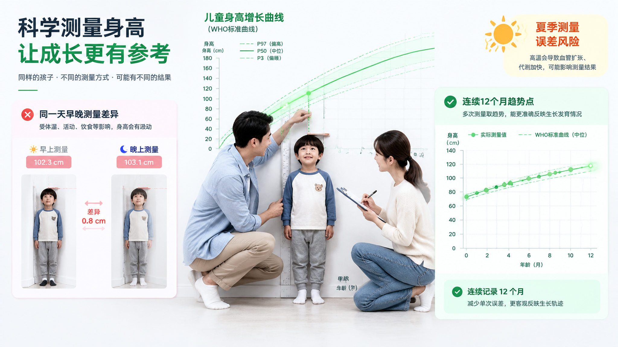 冷白色背景的科普信息图风格画面，中国年轻父母在家中白墙旁为一名中国学龄前儿童测量身高，父亲拿身高尺贴