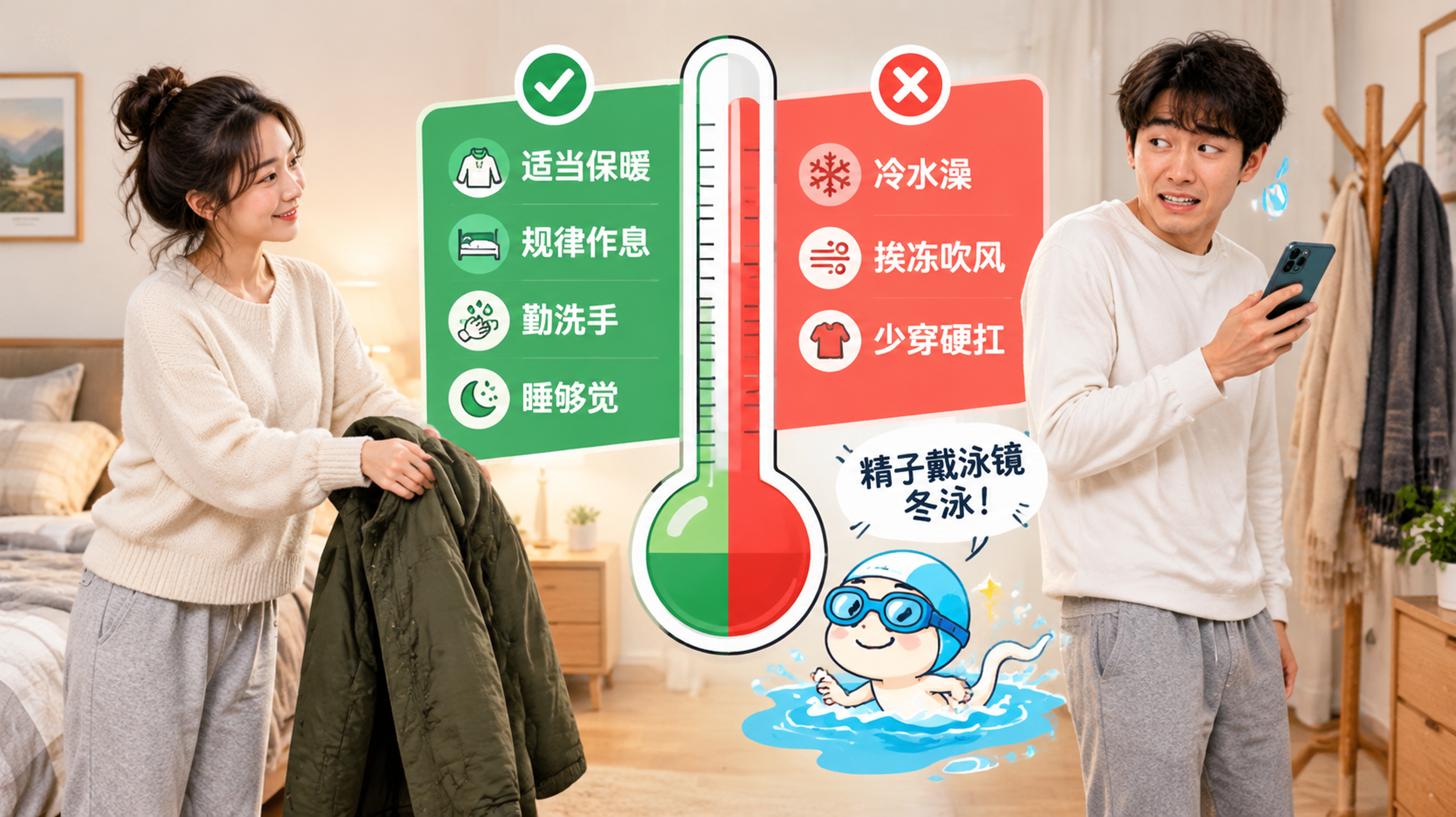 竖版信息图风格插画,画面中心是一支大温度计分成绿色区与红色区,左侧绿色区写有“适当保暖、规律作息、勤