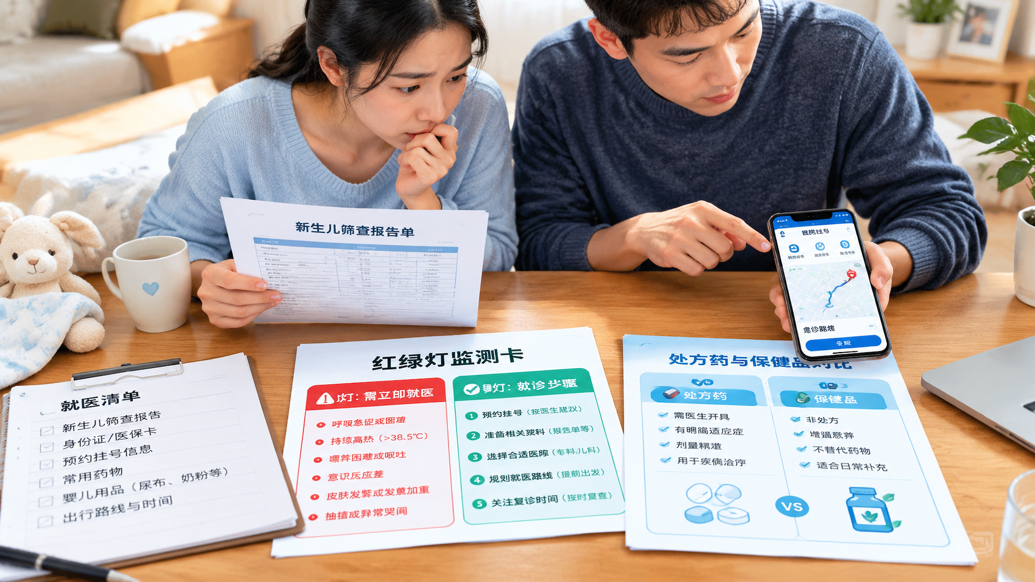 中国年轻父母在家中餐桌旁查看新生儿筛查报告并整理就医清单的场景，妈妈神情紧张但努力冷静，爸爸在手机上