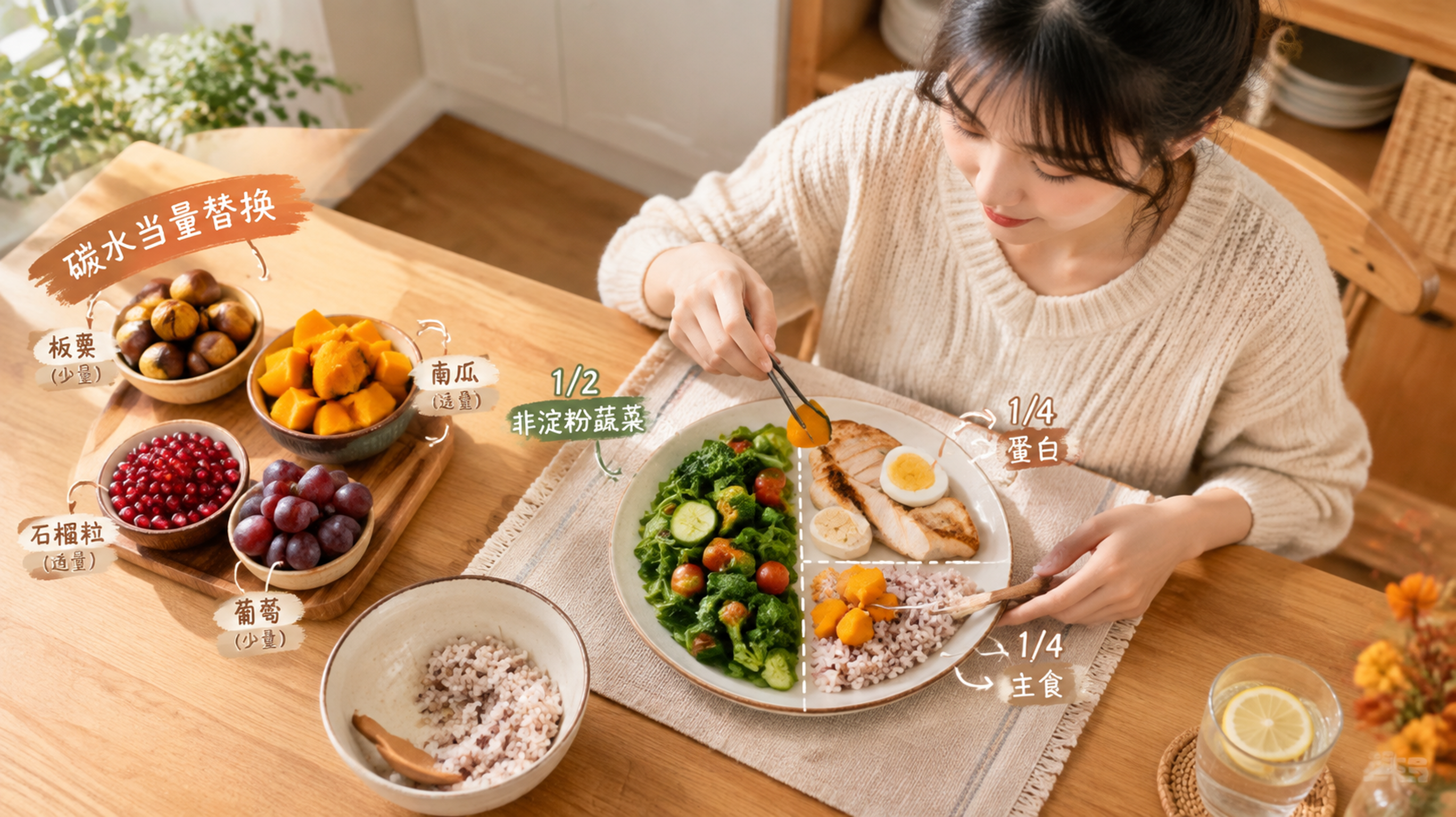 中国年轻女性坐在家中餐桌前,正在用餐盘分区法摆放秋季食物与正餐:盘子被清晰分成1/2非淀粉蔬菜、1/
