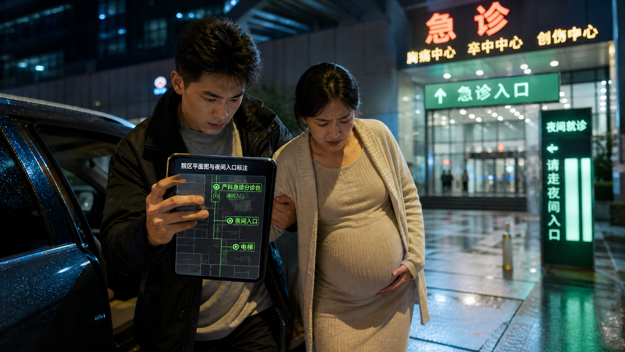中国夜间医院急诊场景，一位中国年轻准爸爸在车旁用手机查看“院区平面图与夜间入口标注”，另一只手扶着孕