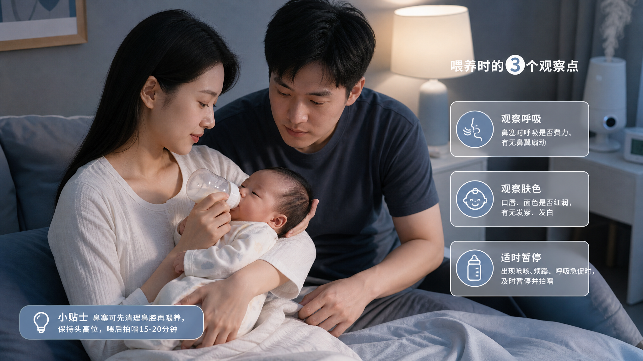 中国年轻父母在卧室夜间柔和灯光下给中国新生儿瓶喂,宝宝轻微鼻塞,妈妈以45度斜抱姿势托住宝宝头颈,爸
