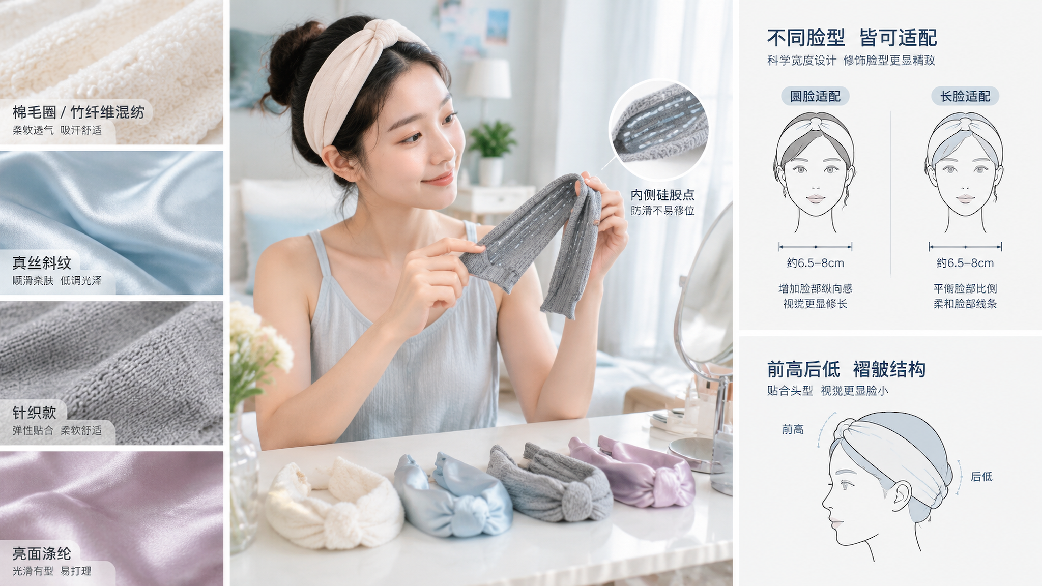中国年轻女性在明亮干净的卧室梳妆台前试戴发带,桌面摆放三种材质发带(棉毛圈/竹纤维混纺、真丝斜纹、针