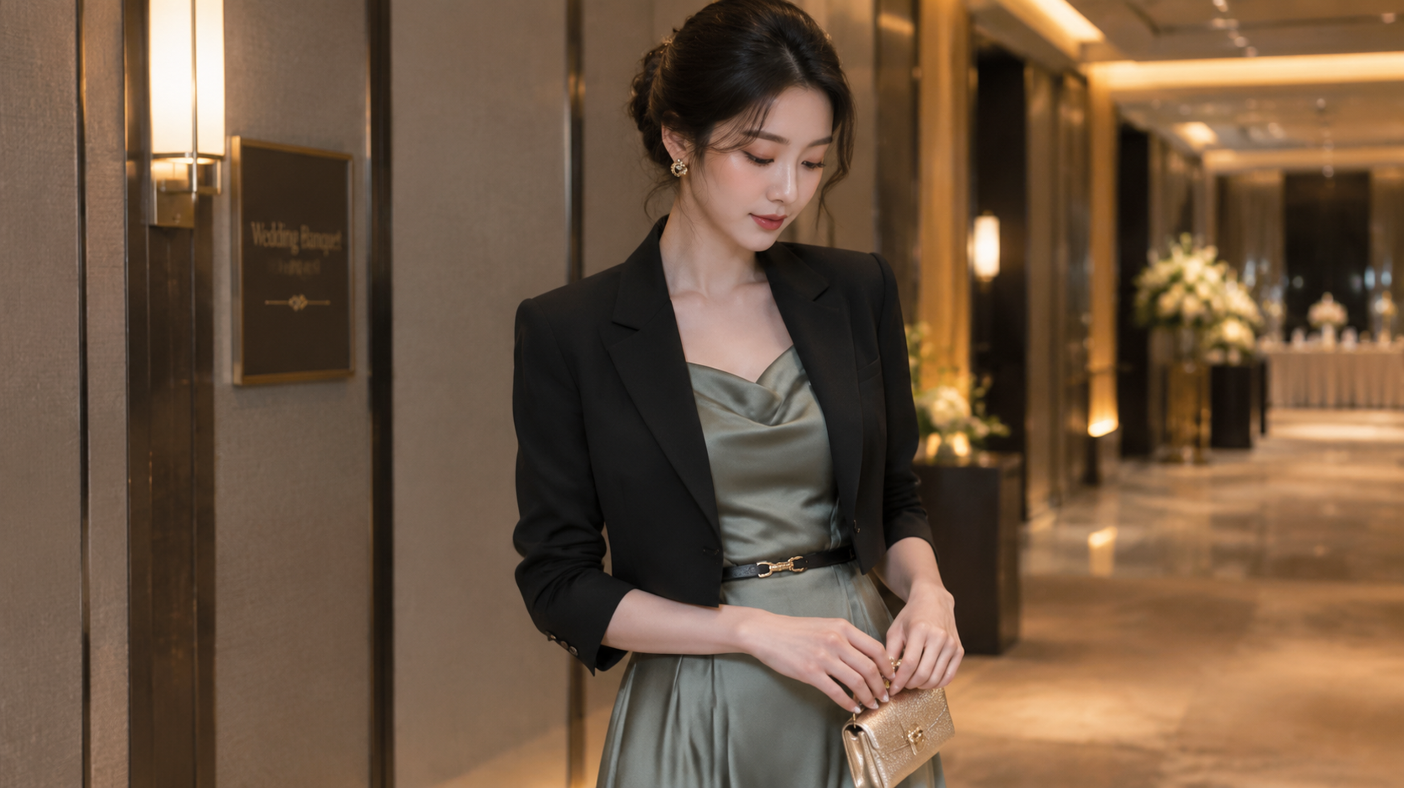 初秋婚礼酒店宴会厅外的走廊场景,一位中国年轻女性宾客站在柔和室内灯光下微侧身整理手包,身穿灰绿色哑光