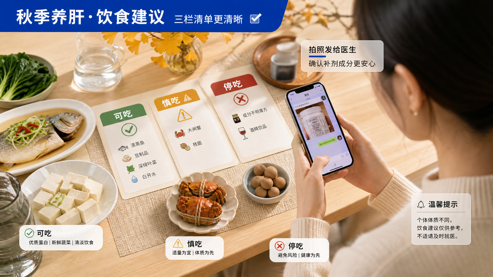 中国年轻女性在家中温暖干净的餐桌前,桌上摆放三栏对照的食物清单卡片(可吃/慎吃/停吃),旁边有清蒸鱼