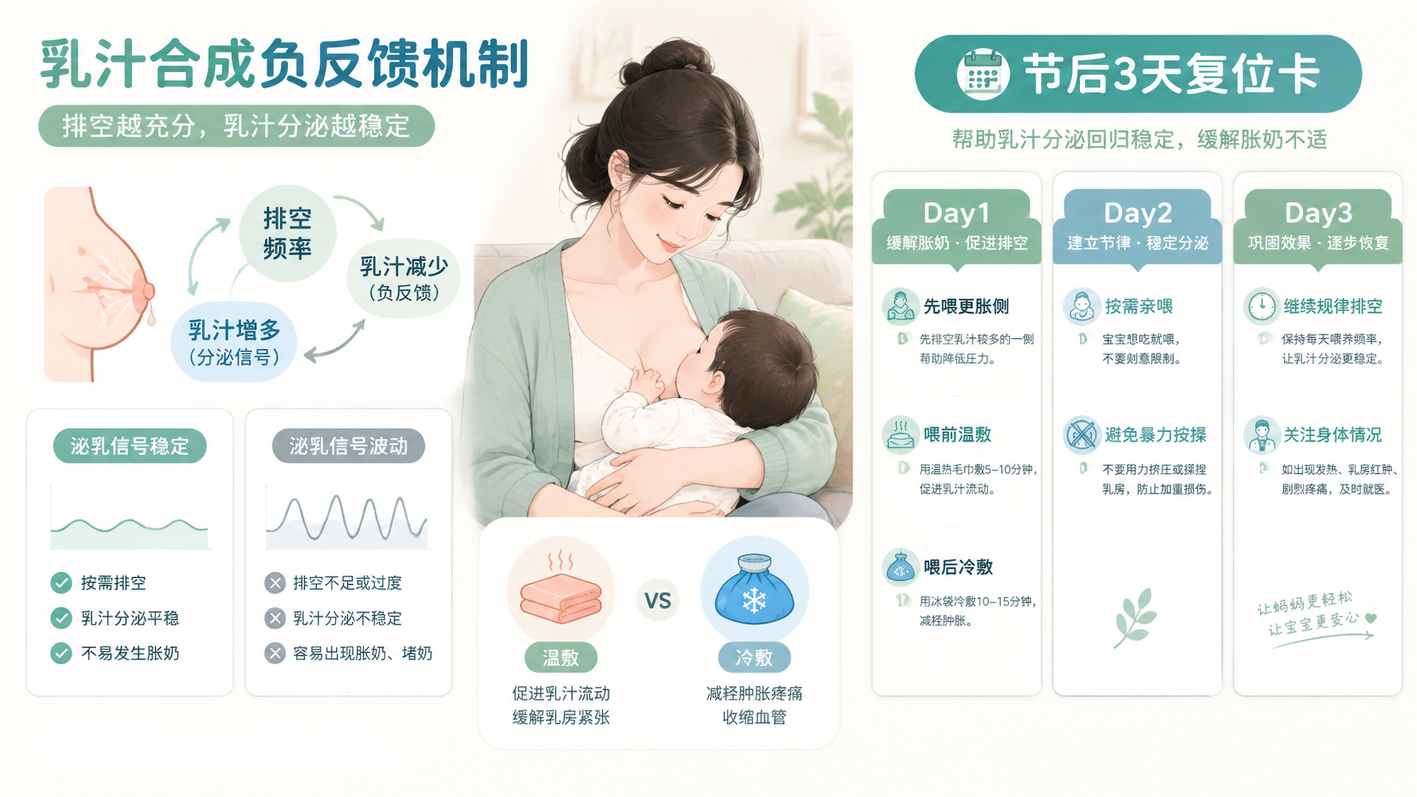 干净医学信息图风格的画面，白色或浅米色背景；核心主体为“乳汁合成负反馈机制+节后3天复位卡”信息图，