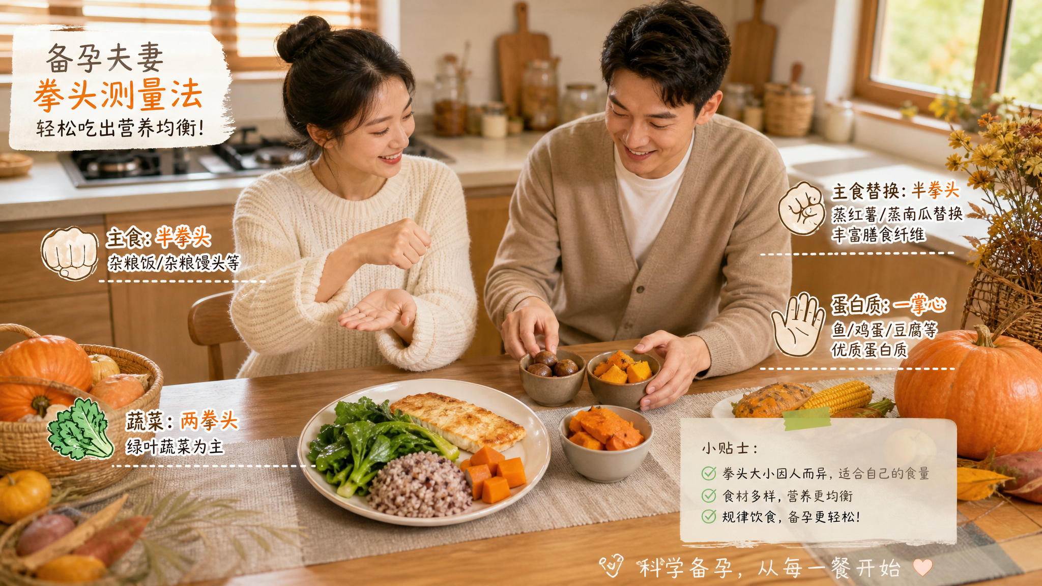 中国年轻备孕夫妻在家中明亮温暖的餐桌旁准备晚餐,女主用“拳头测量法”比划主食份量,男主在旁边把板栗、