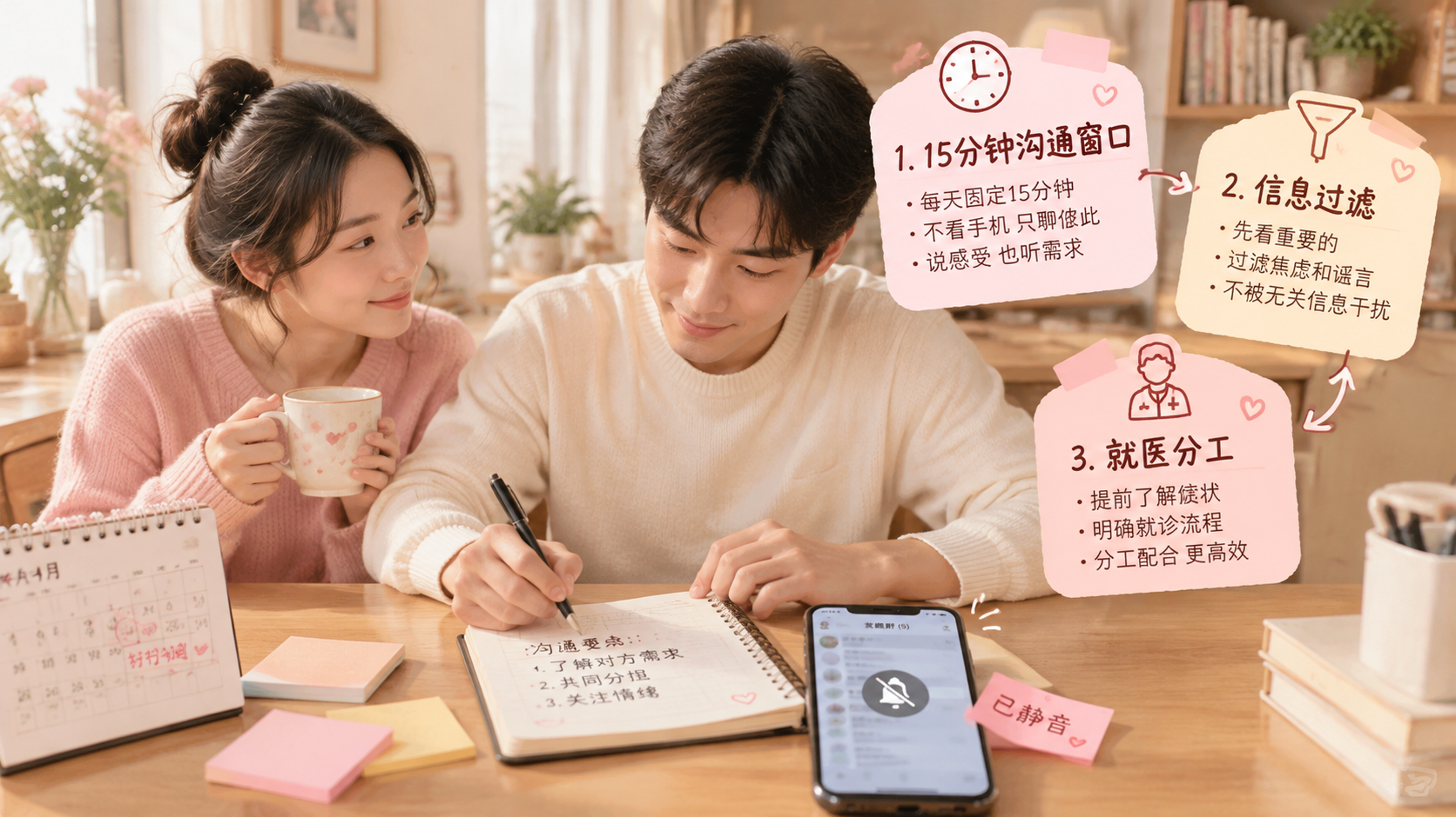 中国年轻夫妻在温暖的家中餐桌旁,桌上放着日历贴纸和便签,手机屏幕显示群消息但被静音,丈夫拿着笔在记事