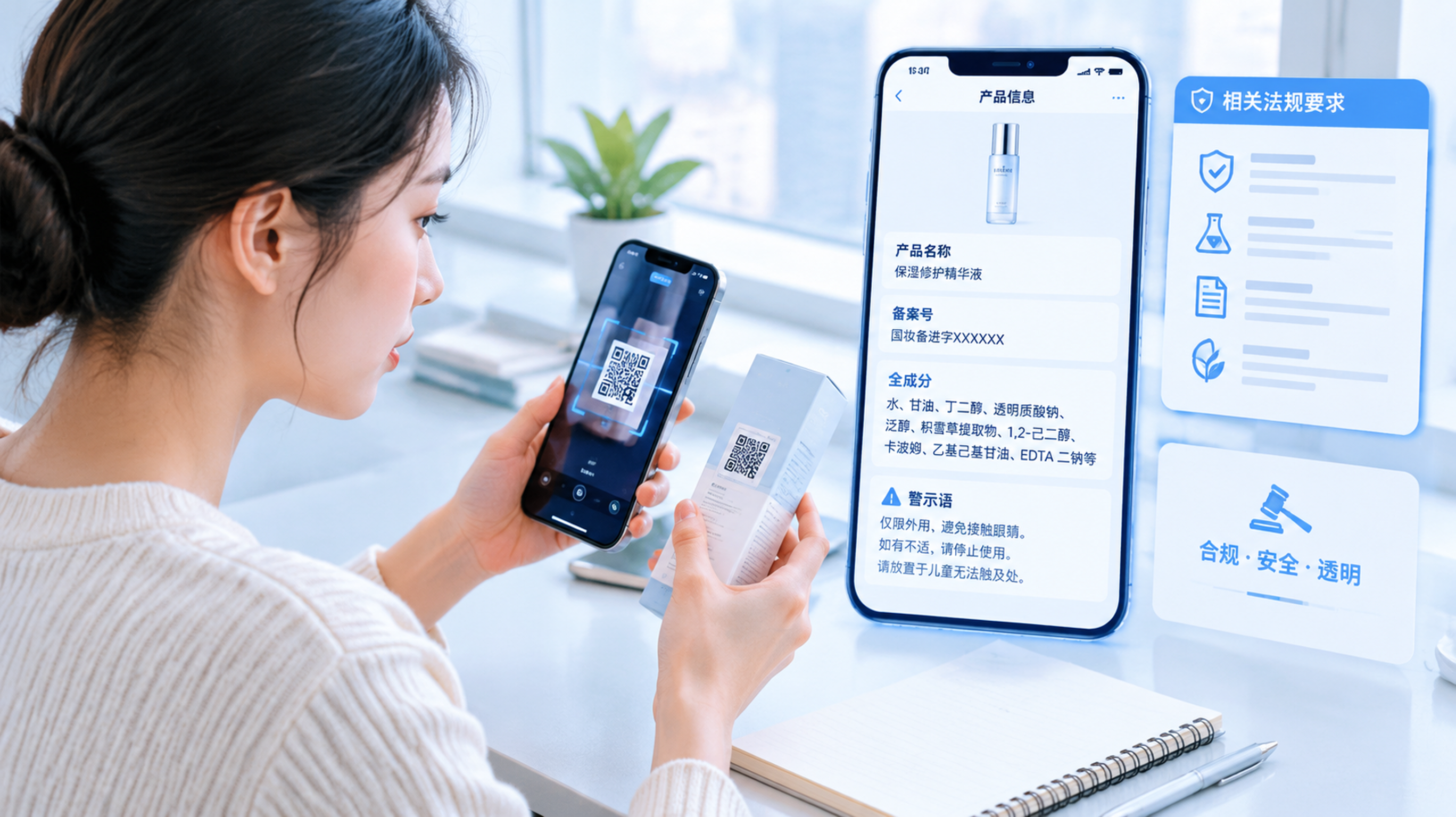 中国年轻女性消费者在室内明亮书桌前，用手机扫码化妆品外包装二维码并核对信息，桌上放着一支化妆品盒与简