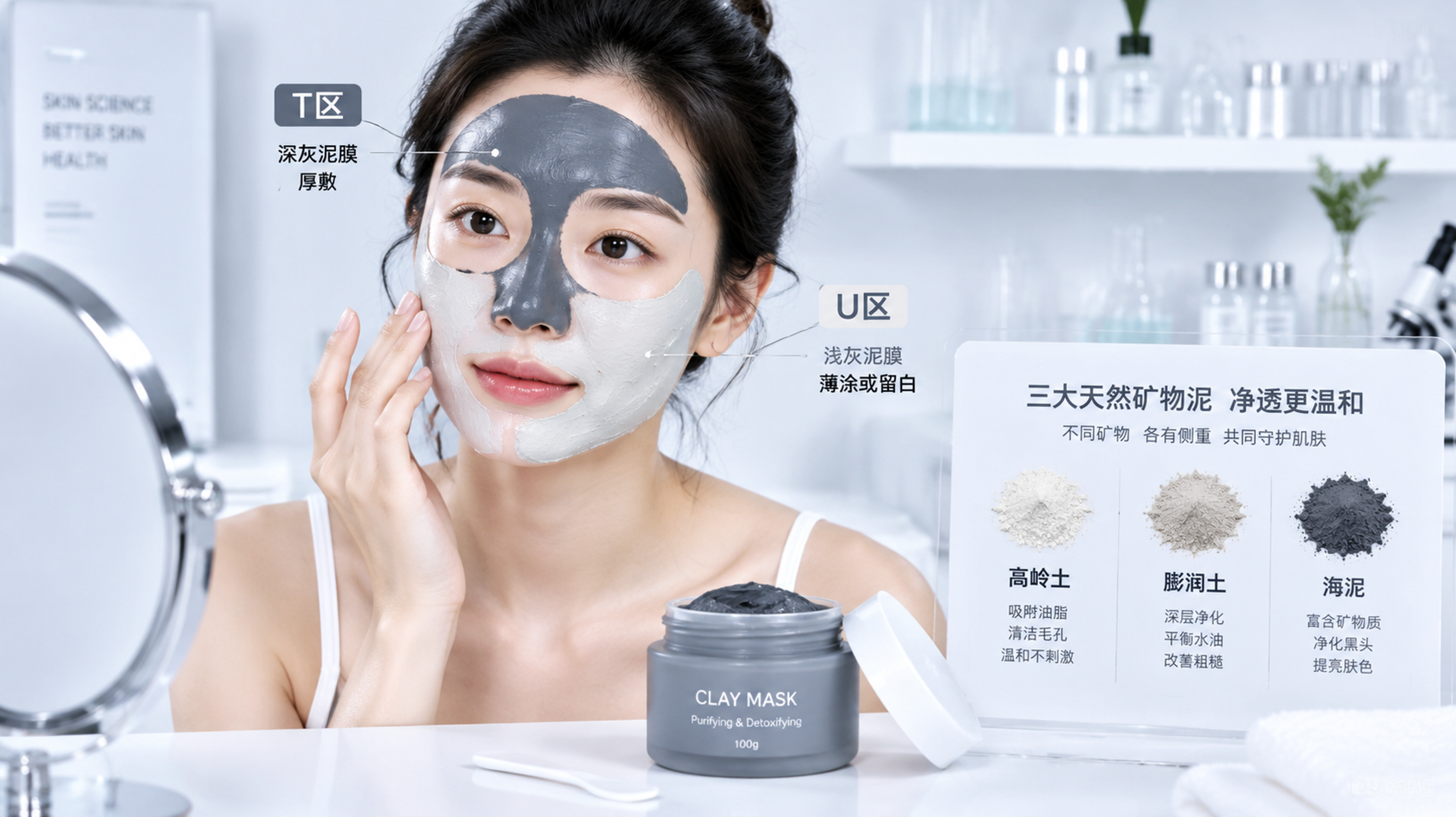 清冷实验室风的护肤科普场景，一位中国年轻女性坐在镜子前做分区敷泥膜示范，脸部用两种色块清晰标注T区与