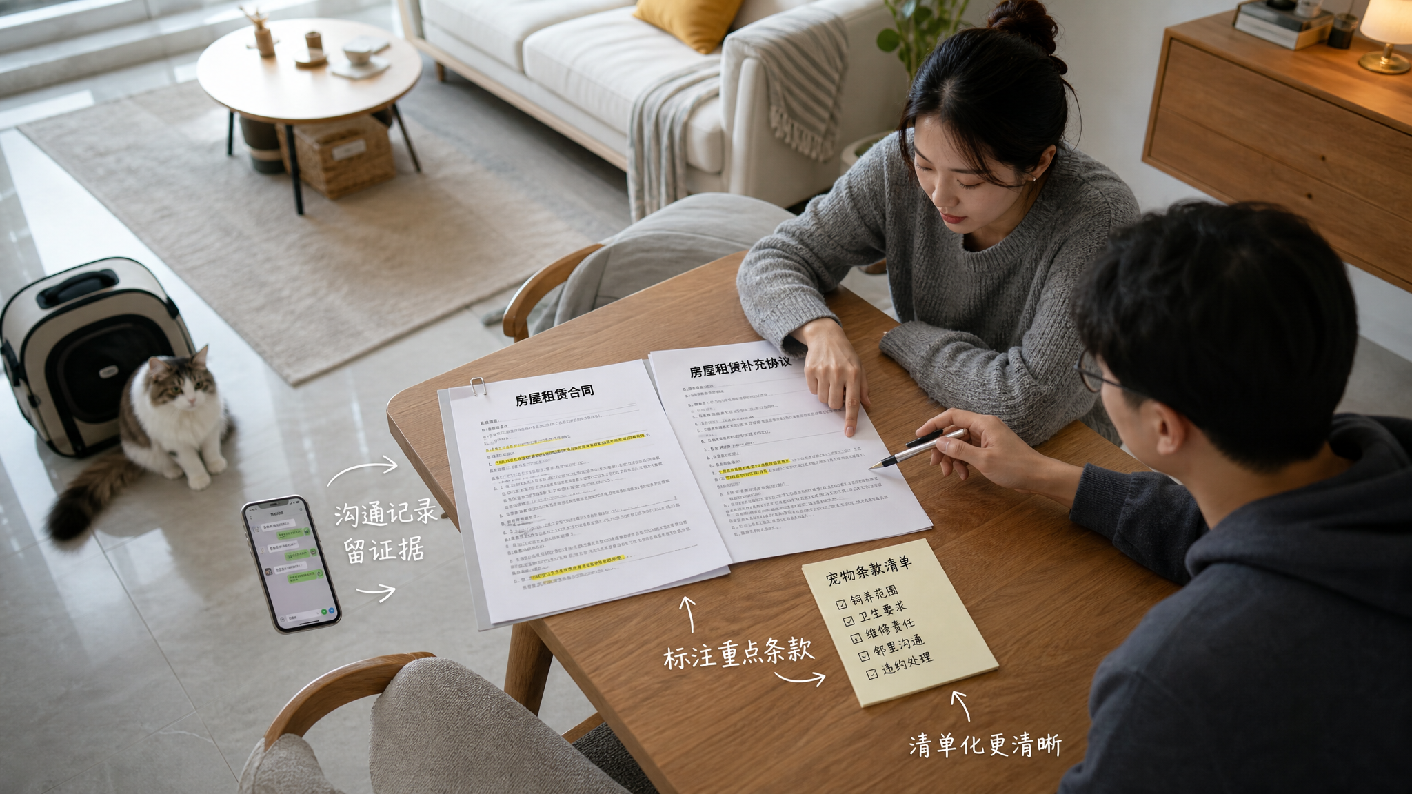 都市租房场景，明亮整洁的出租屋客厅里，中国年轻租客（男女均可）坐在餐桌前与房东对坐，桌面上摊开租赁合