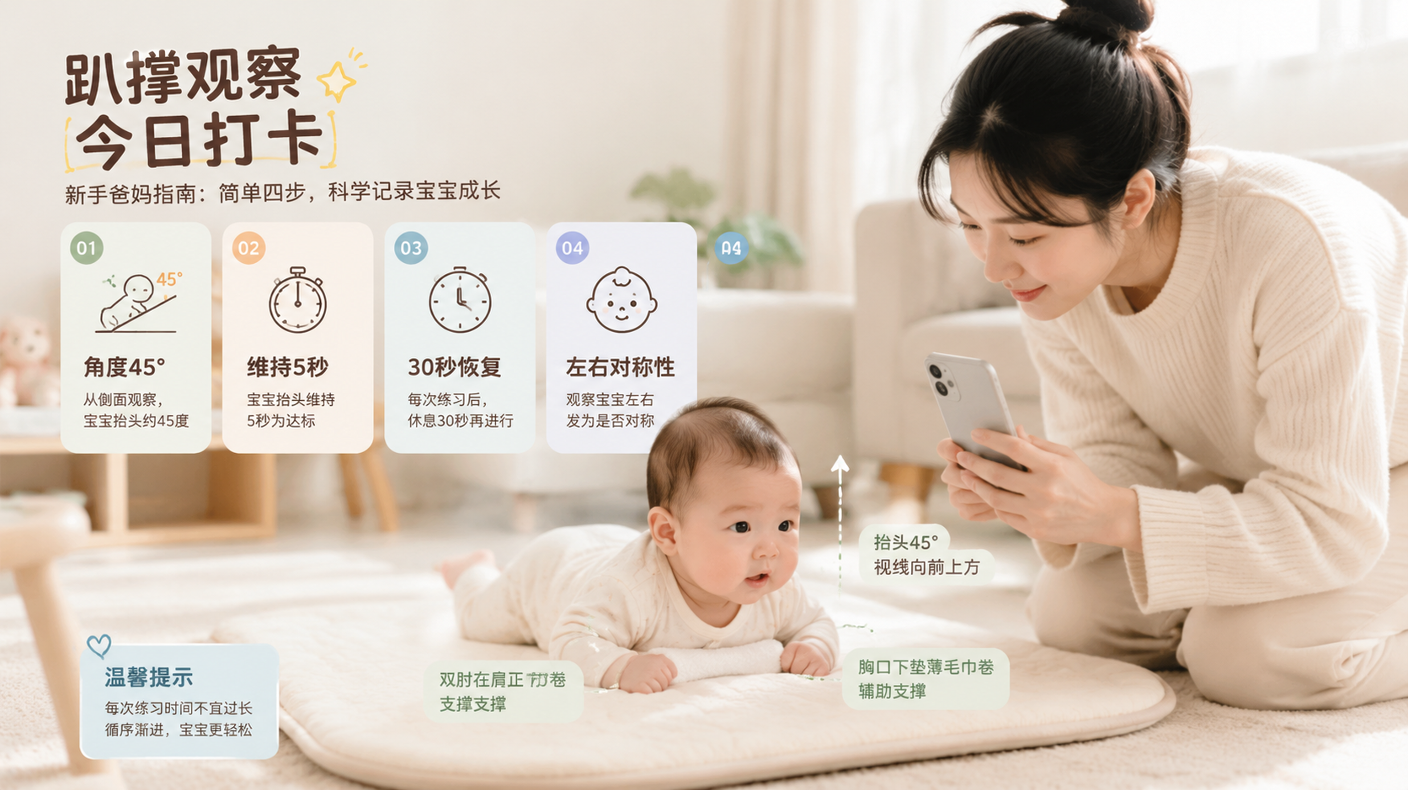 中国年轻妈妈在家中明亮整洁的客厅地毯上，给中国新生儿/小月龄宝宝做趴撑观察，宝宝趴在软垫上胸口下垫薄