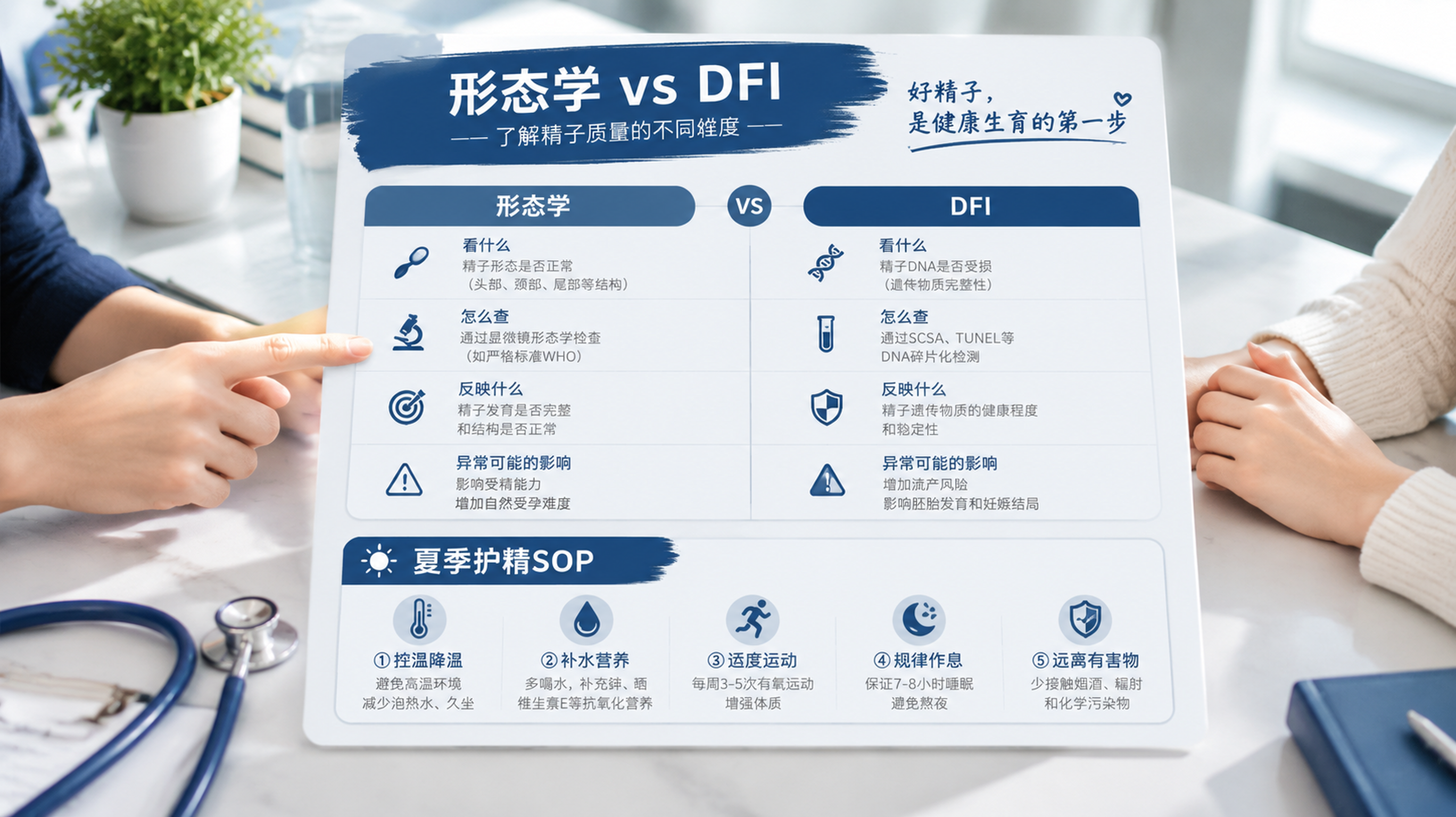 信息图场景,一张干净的医学科普对比卡片放在桌面上,旁边有中国年轻夫妻的手部入镜(不露脸),其中一只手
