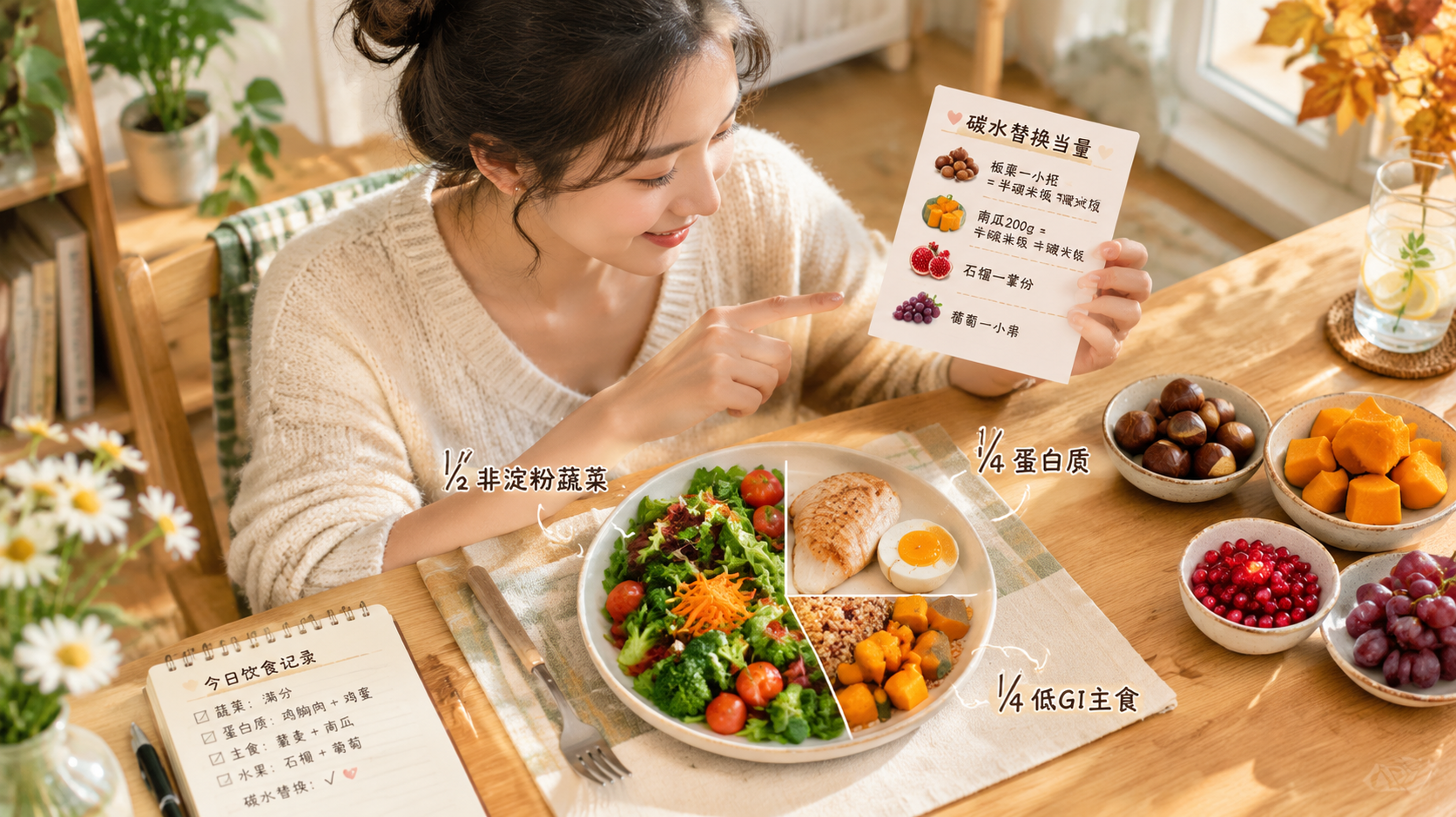 中国年轻女性在家中明亮餐桌旁,正在用餐盘分区法摆放食物并记录碳水替换,人物手持小卡片对照“板栗一小把