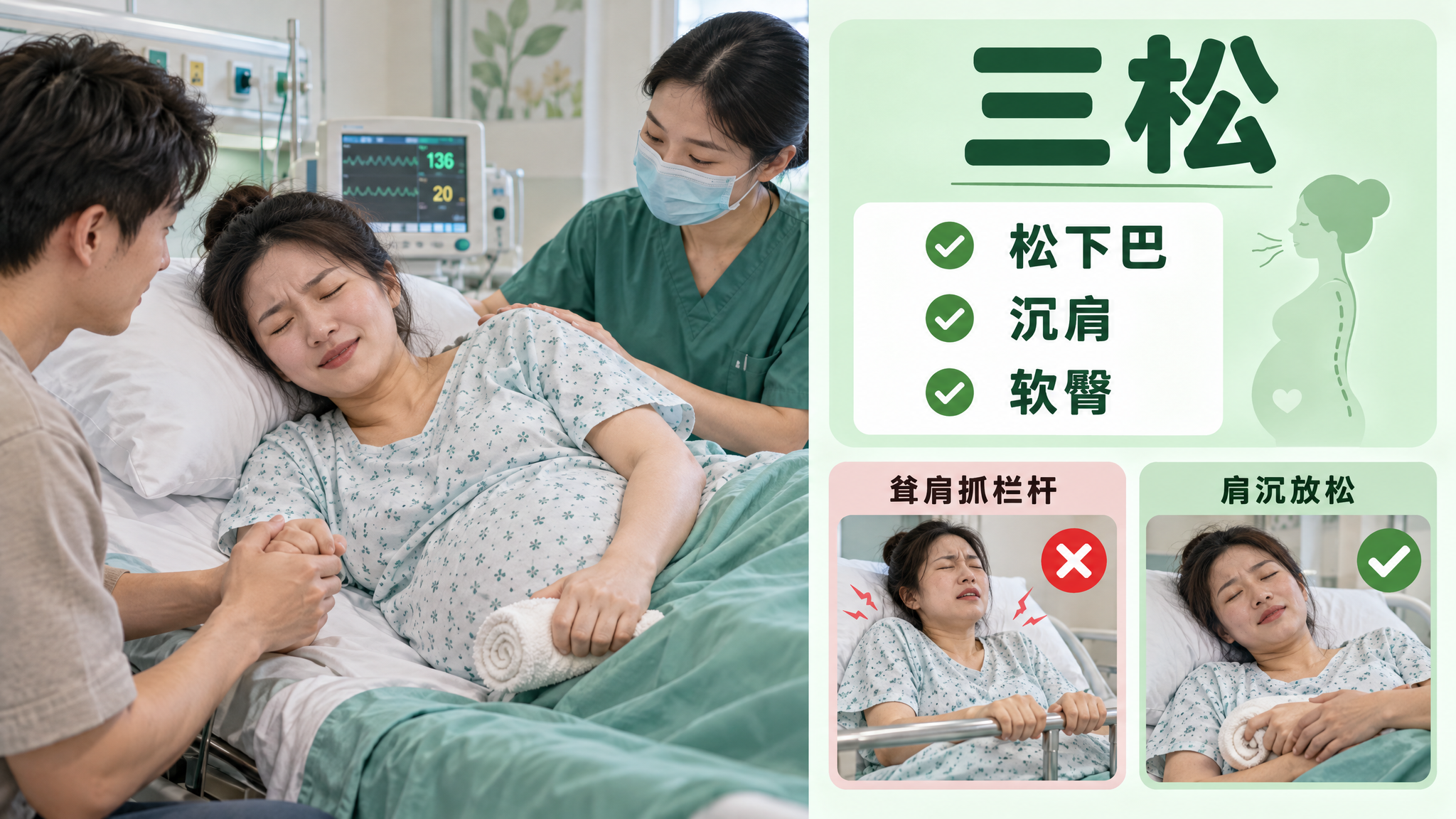 医院产房场景，中国孕产妇在产床侧卧或半坐位，宫缩来临时没有抓金属床栏，而是双手握着毛巾卷或握住家属手