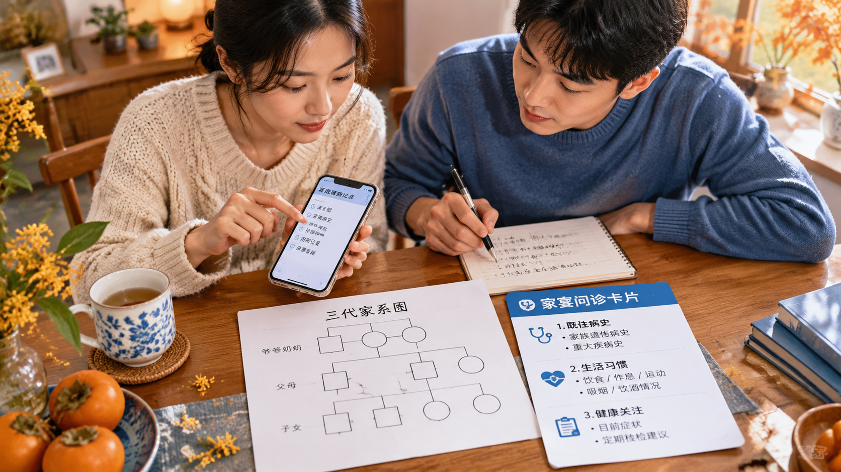 中国年轻夫妻在家庭餐桌旁整理手机备忘录和纸笔,桌上有简洁的“三代家系图”手绘模板(方形代表男性、圆形