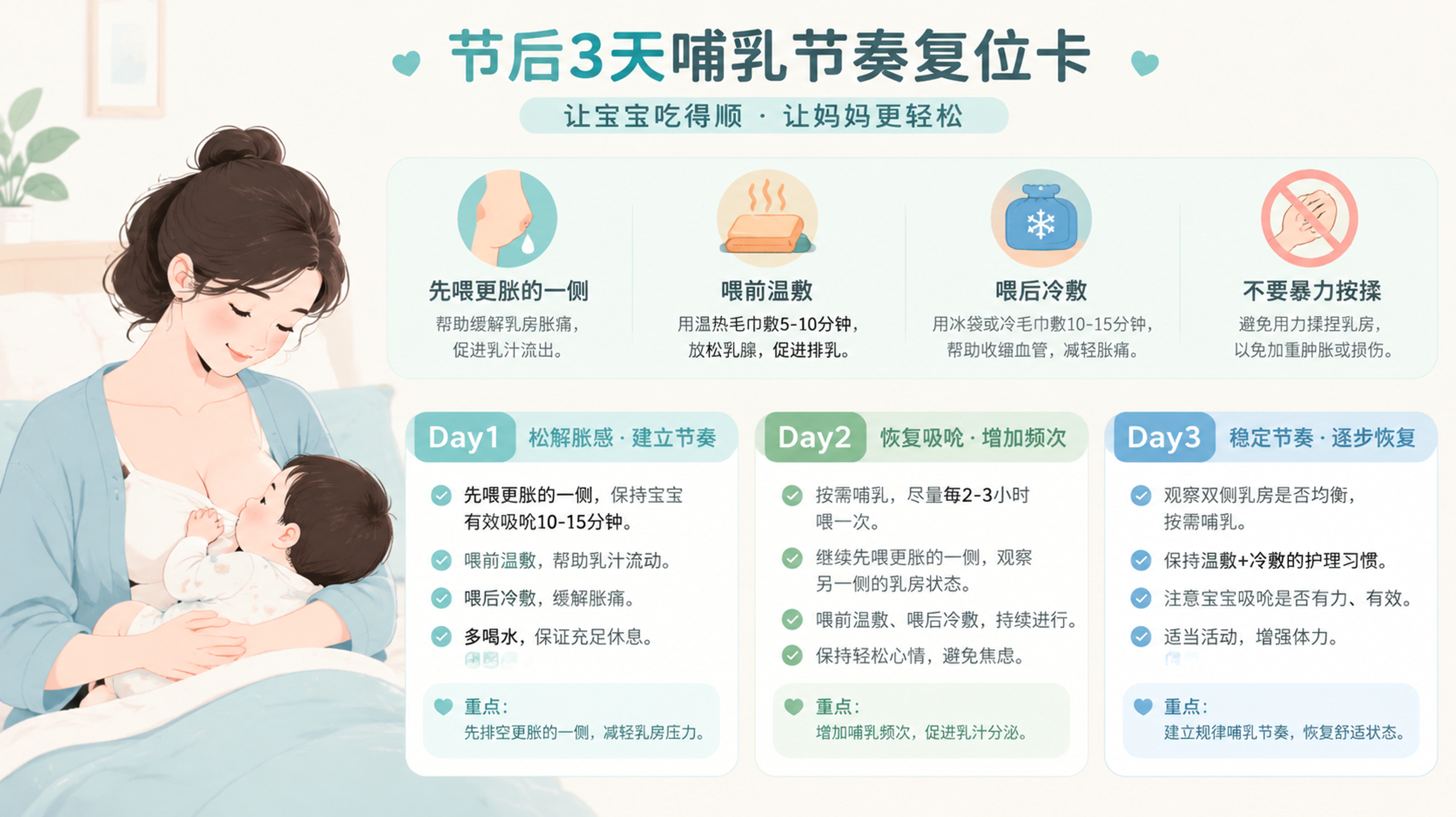 干净医学信息图风格,一张竖版信息图,主题为“节后3天哺乳节奏复位卡”,画面包含中国年轻妈妈与中国婴儿