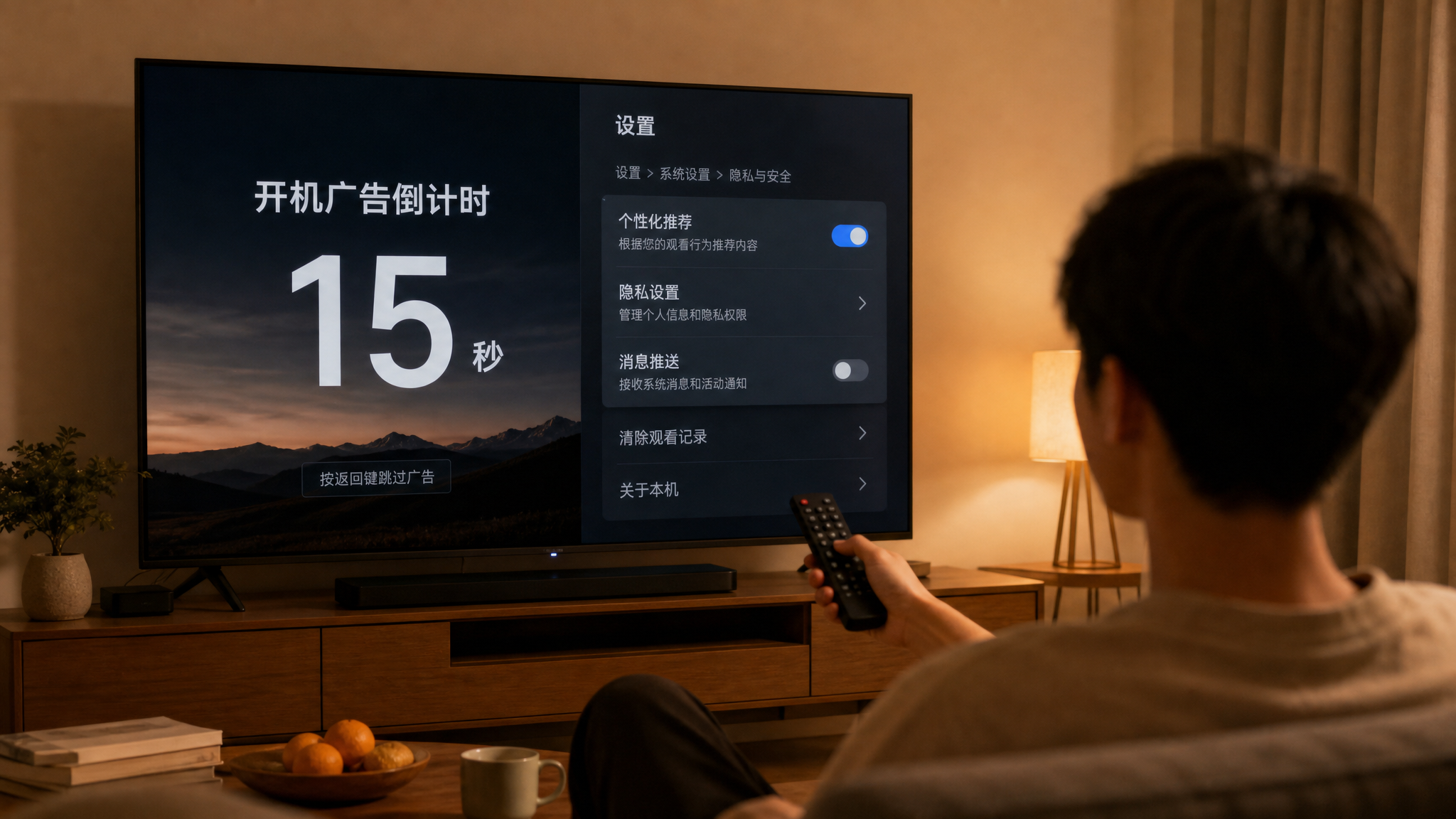 中国家庭客厅场景，晚上暖色灯光下，一位中国年轻人坐在沙发前拿着遥控器操作智能电视，电视屏幕上清晰显示