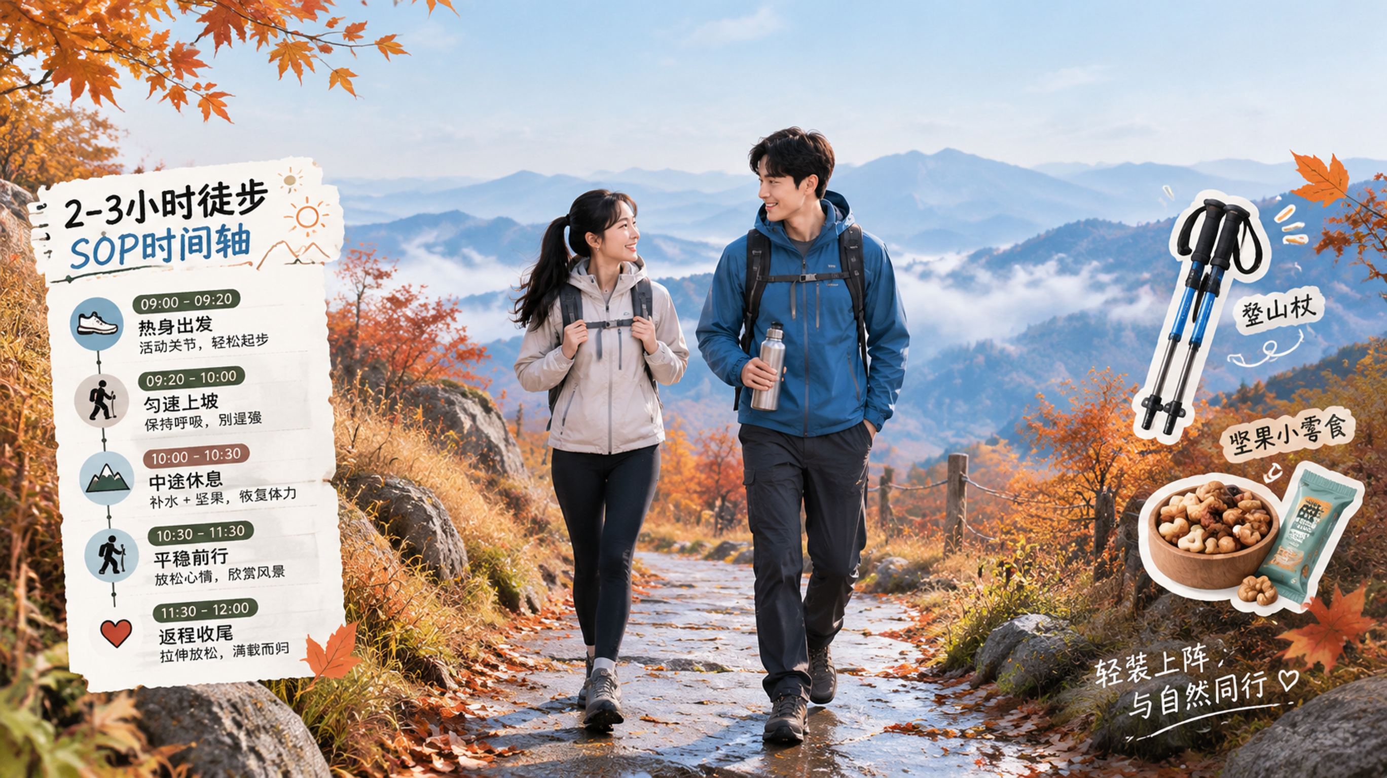 中国年轻备孕夫妻在秋日山间缓坡徒步道上行走,女性穿防滑徒步鞋、轻便外套,男性背小背包并拿着水壶,二人