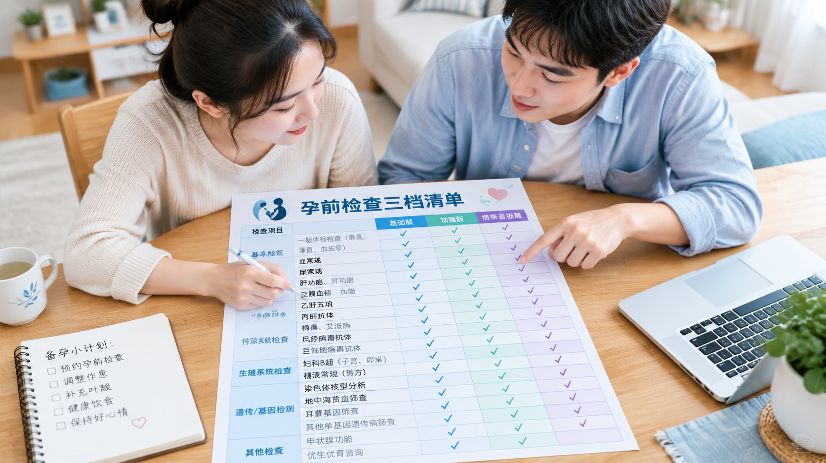 中国年轻夫妻坐在家中餐桌前,桌面摊开一张“孕前检查三档清单”对比表(基础版/加强版/携带者拓展三列,
