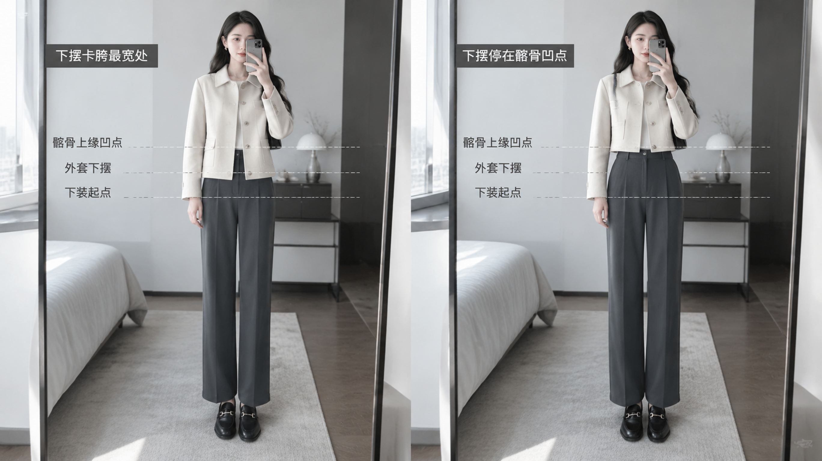 短外套显腿短？下摆卡对髂骨凹点就赢了
