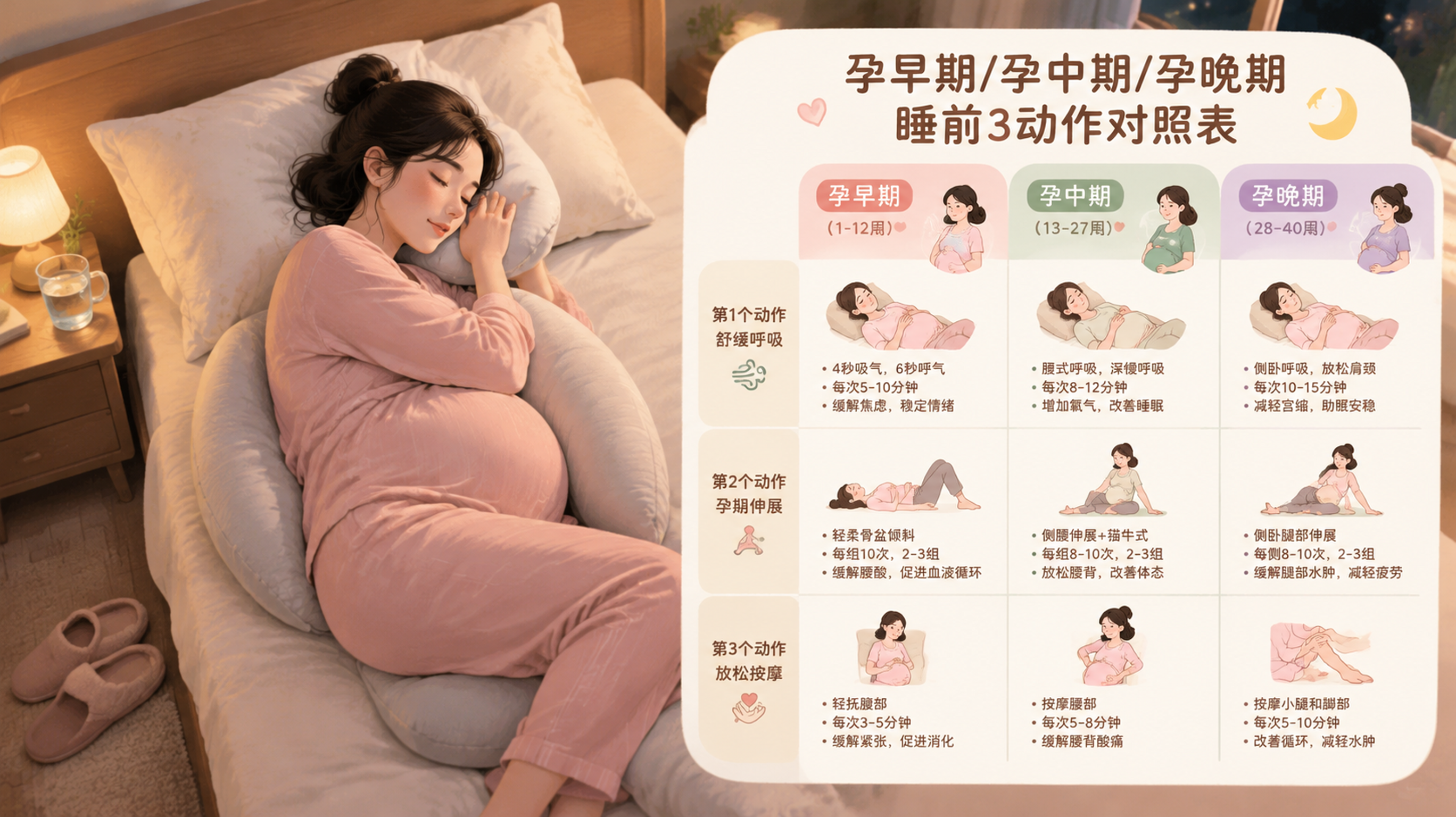 温柔治愈系插画风格，场景为中国孕妇卧室夜晚，年轻中国孕妈侧卧在床上，使用枕头支撑腹部与背部，床头有小