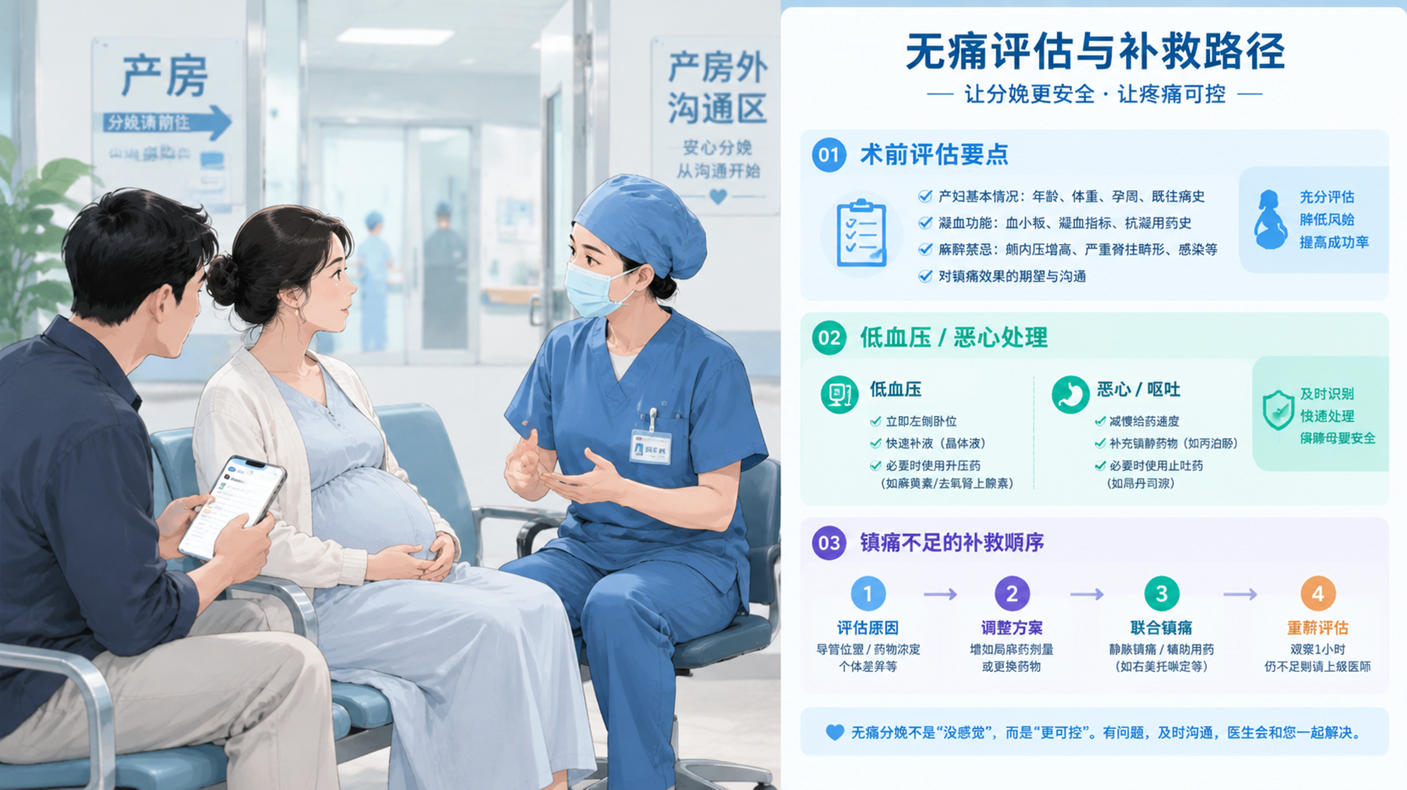 冷静克制的医疗信息插画风格，场景为中国医院产房外的沟通区，一位中国孕晚期孕妇坐在椅子上与一位中国麻醉