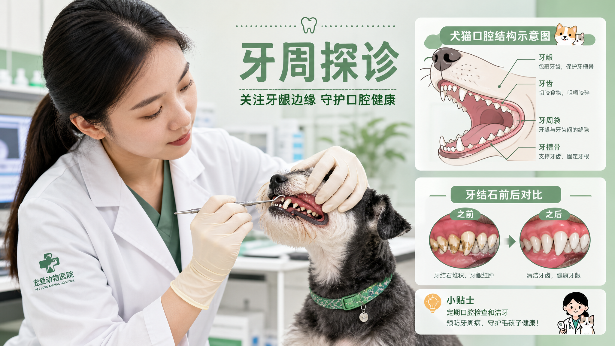 中国年轻兽医在明亮干净的宠物医院诊室内，为一只小型犬进行口腔检查示意，兽医戴手套、轻轻抬起狗狗嘴唇，