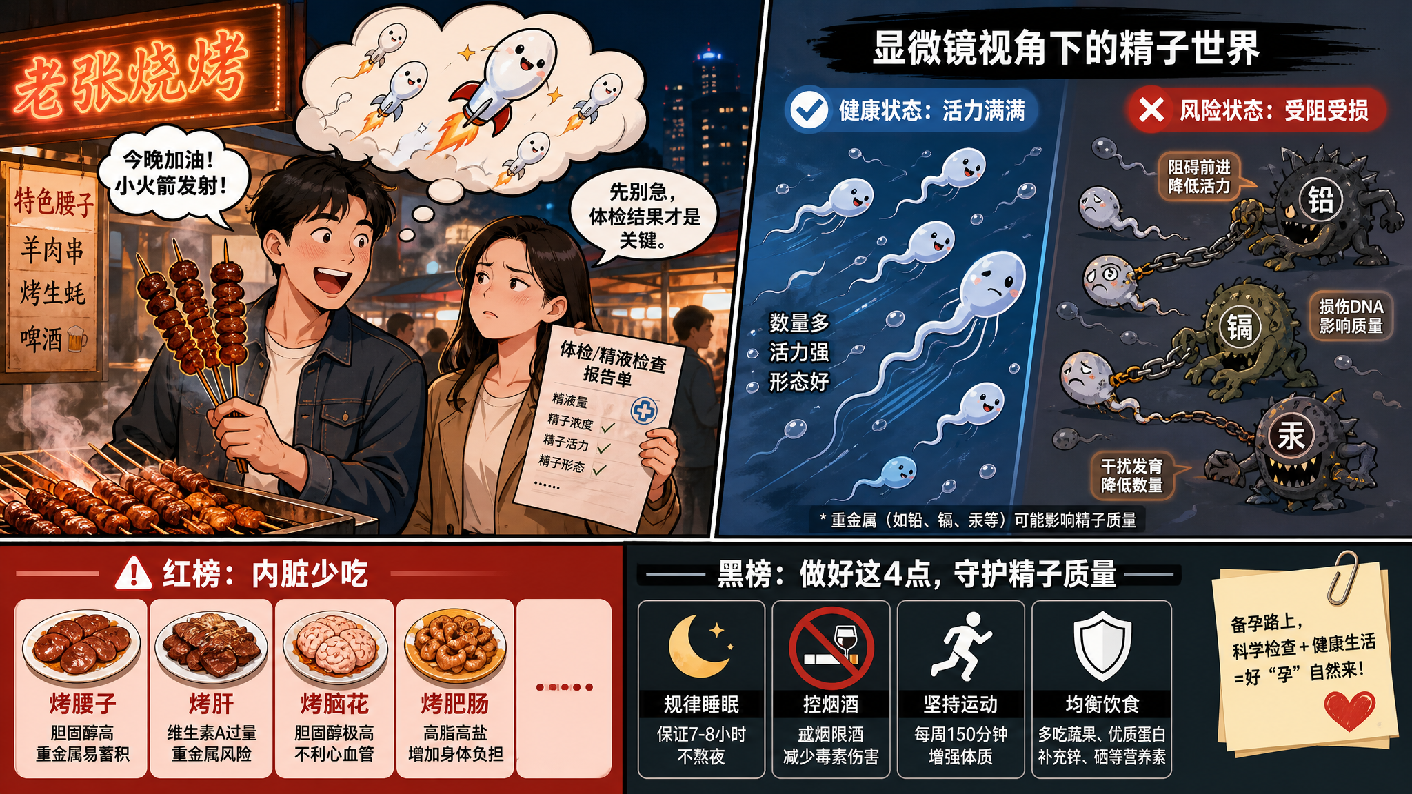 中国城市深秋夜晚的路边烧烤摊场景,中国年轻夫妻站在摊位旁,丈夫手里拿着几串烤腰子表情兴奋、头顶出现想
