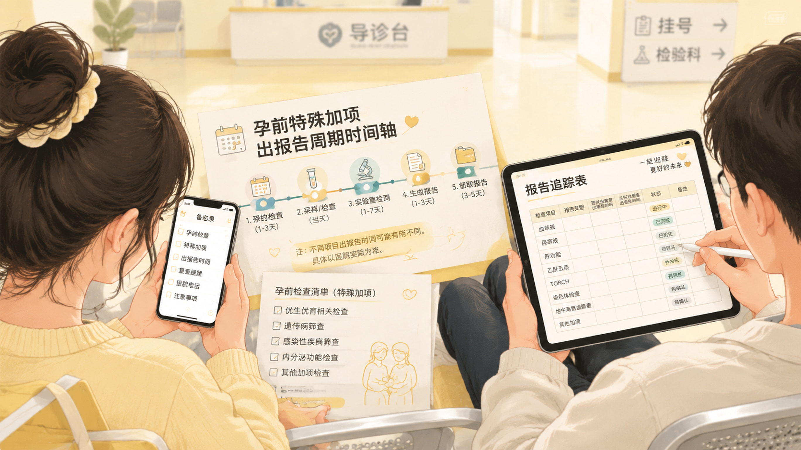奶油黄色时间管理风格的扁平化信息图插画,场景为中国年轻夫妻坐在医院走廊长椅上整理检查单据,人物动作是