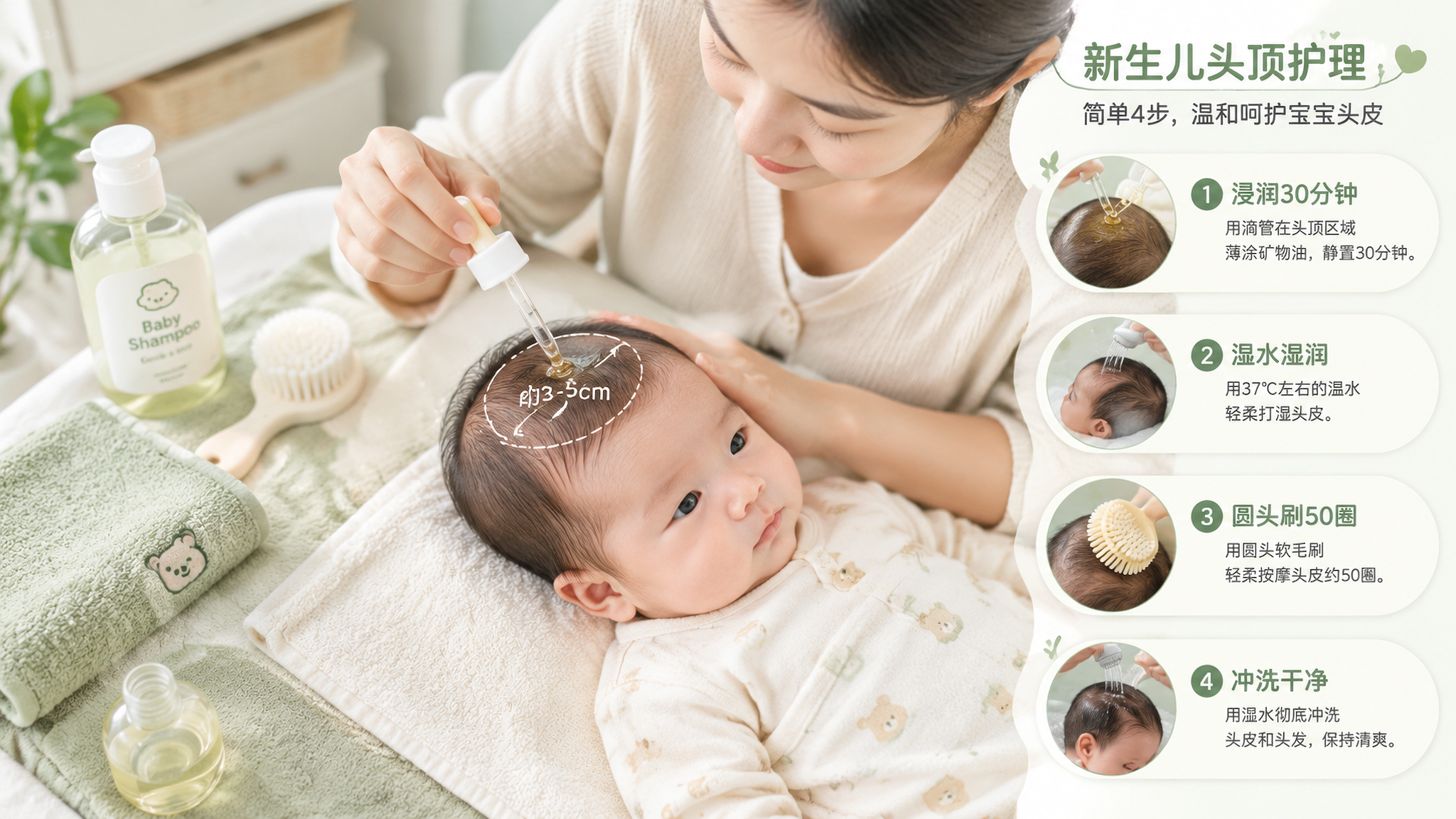 中国新生儿头顶护理科普场景,一位中国年轻妈妈在家中明亮整洁的浴室/卧室护理台旁,俯视角构图,妈妈用滴
