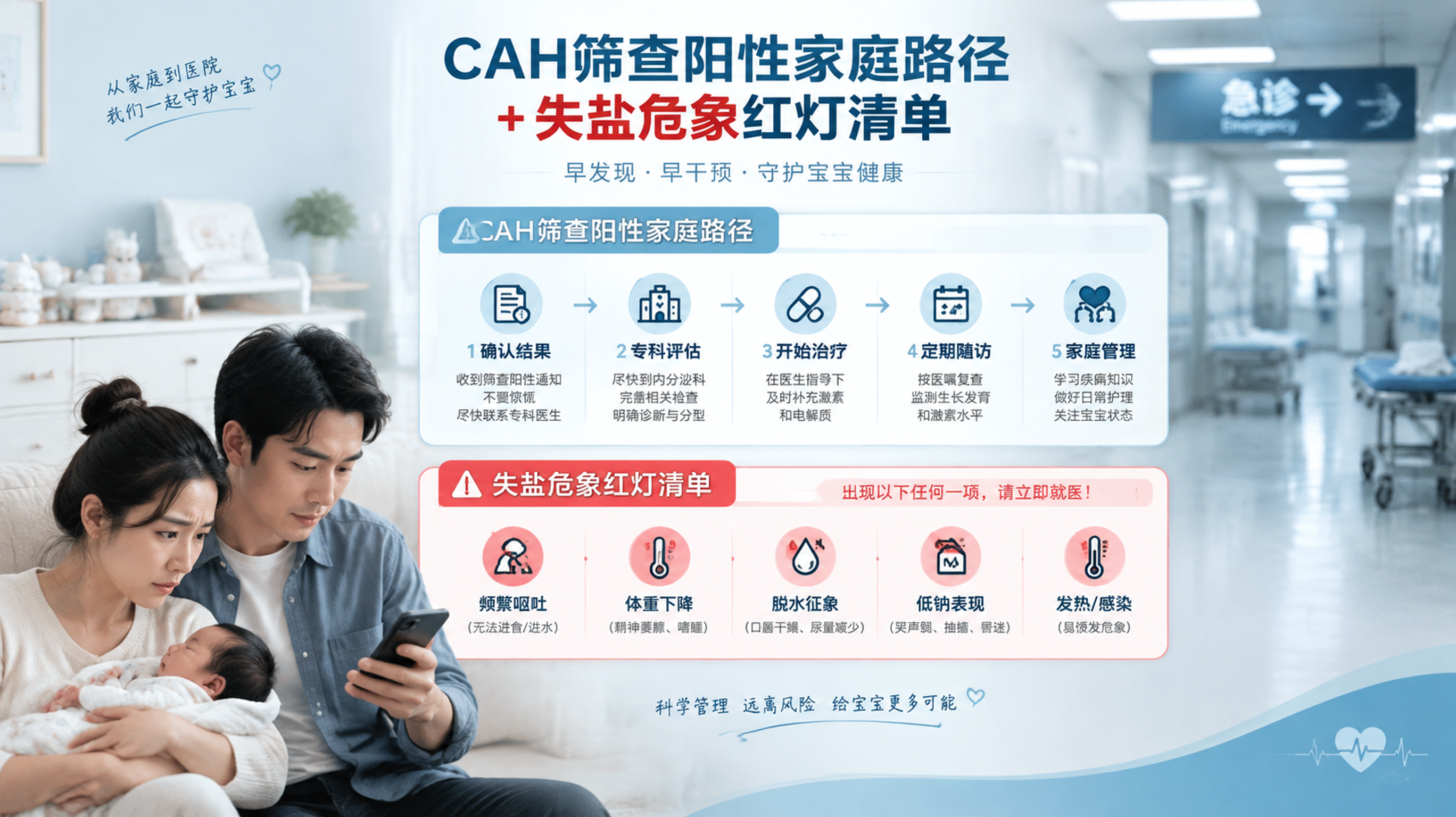 竖版信息图海报风格，场景为医院与家庭的结合意象（左侧为简洁家中婴儿护理台，右侧为急诊走廊虚化背景），