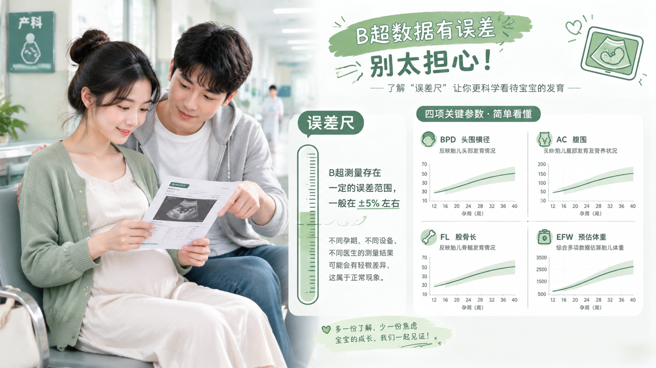 教学信息图风格画面，中国年轻孕妇在产检后坐在医院走廊长椅上，手里拿着一张B超报告单，旁边有中国年轻准