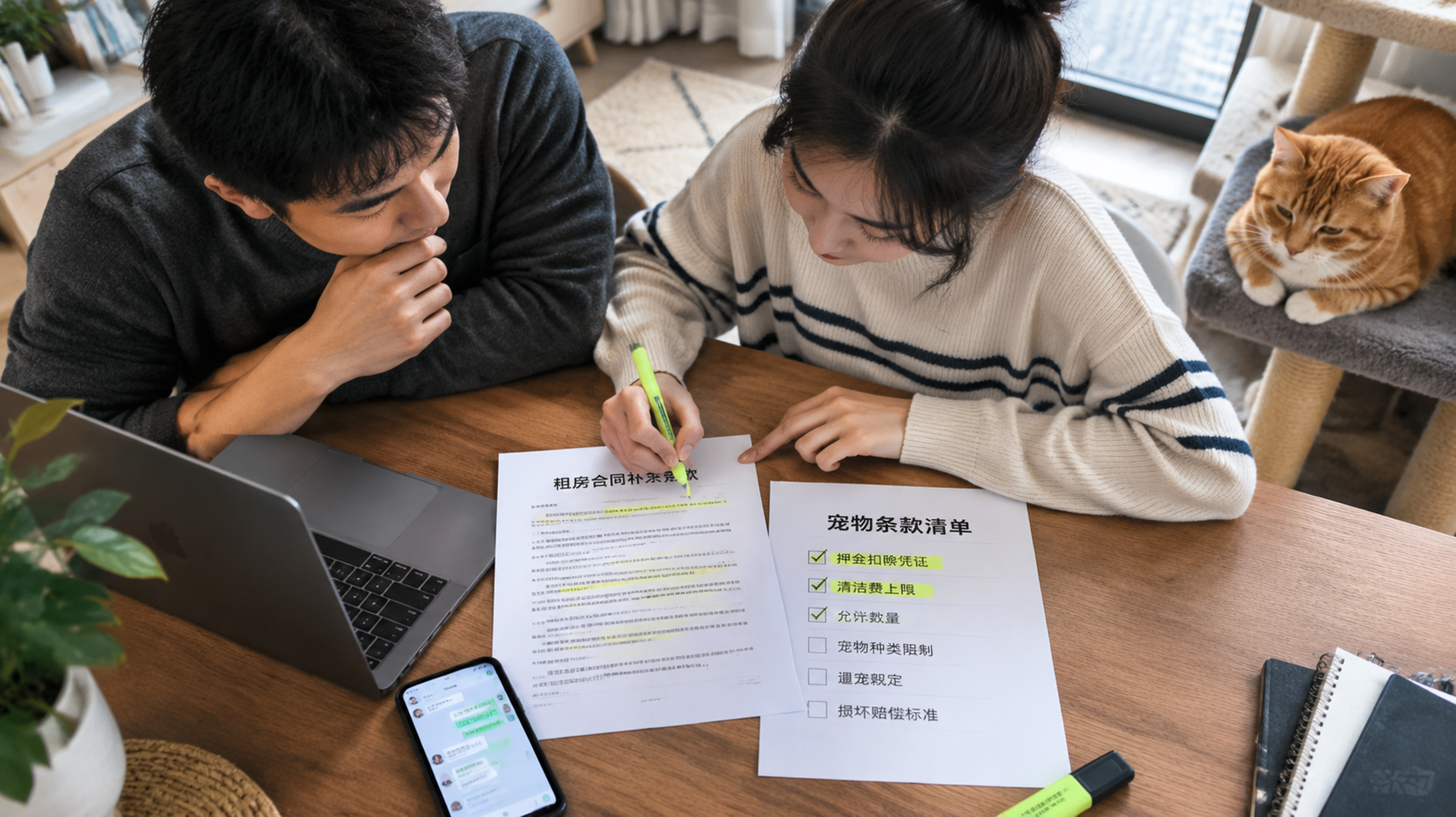 中国年轻租客（男女均可，25-35岁）在城市公寓的餐桌旁核对租房合同补充条款，桌面上有打印的“宠物条