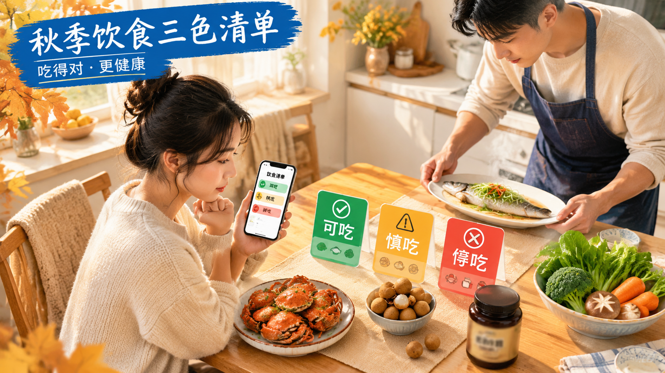 场景为温暖的秋季厨房餐桌,中国年轻女性坐在餐桌旁查看手机里的“可吃/慎吃/停吃”三色清单,中国年轻男