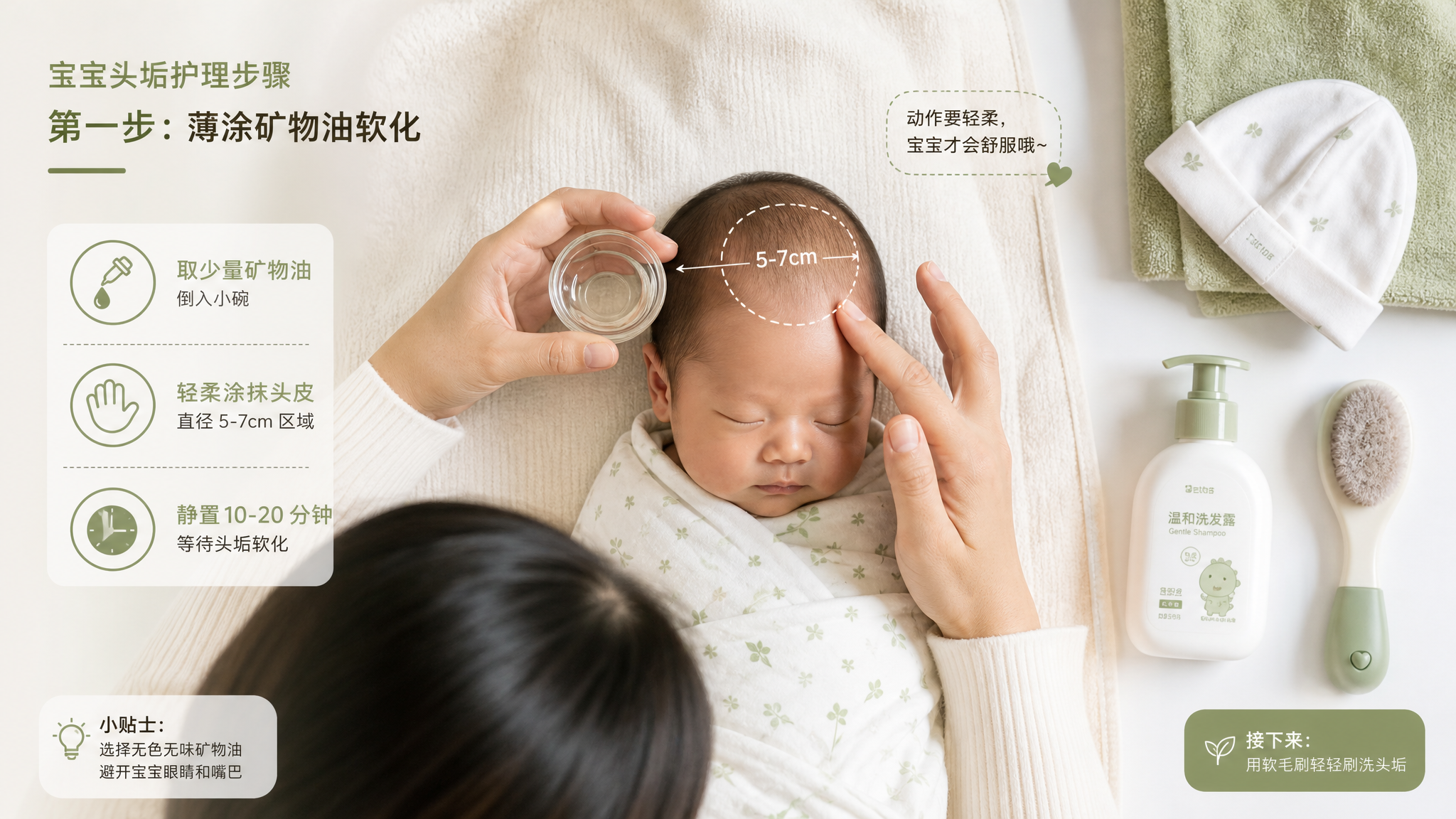 新生儿乳痂别硬抠 1ml矿物油+50圈轻刷就够