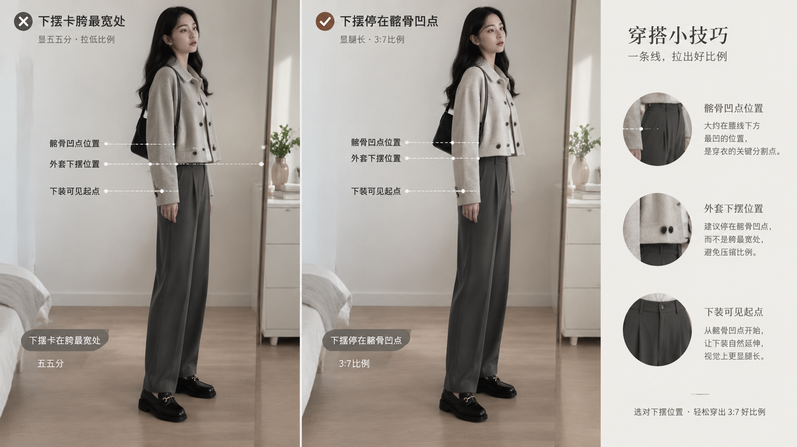 早秋室内镜前穿搭示范场景,中国年轻女性站在全身镜前侧身微转,双手自然下垂,穿极简冷淡风短外套+高腰直