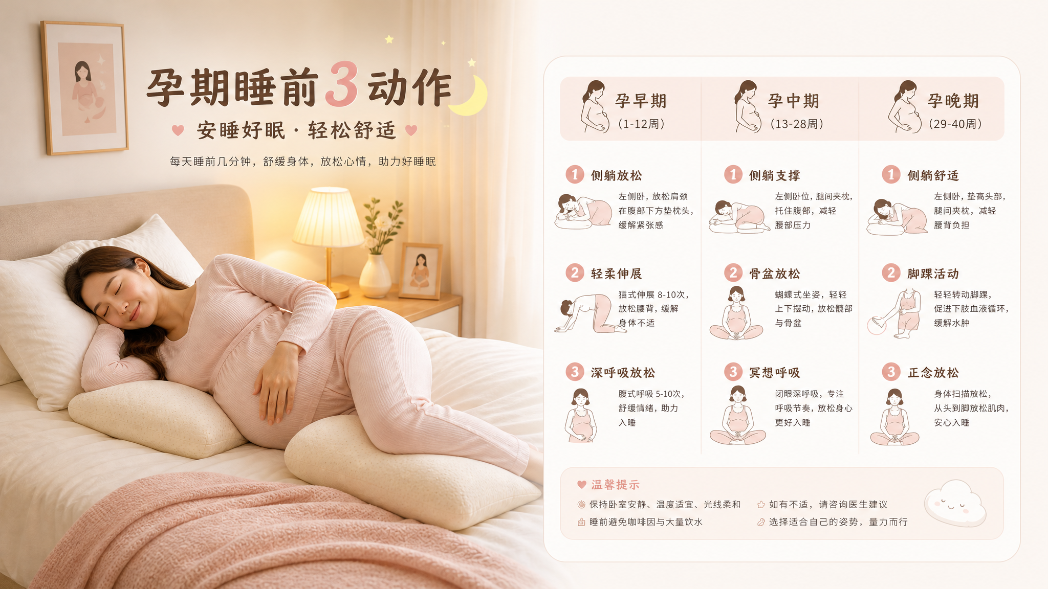 温柔治愈系插画风格，画面为中国孕妇卧室夜晚场景，中国年轻孕妈侧卧在床上，使用枕头支撑腹部与腿间，床头