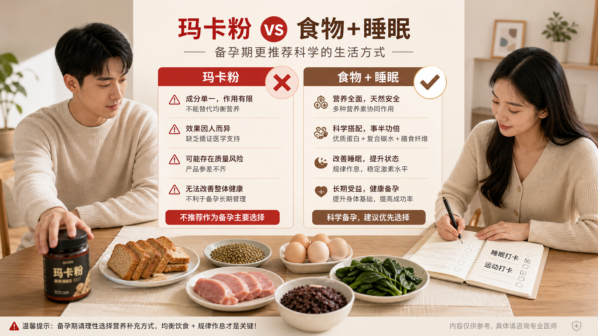 场景为现代简洁的家中餐桌与体检报告旁的对比海报风画面,中国年轻备孕夫妻坐在餐桌前,男方把一罐“玛卡粉