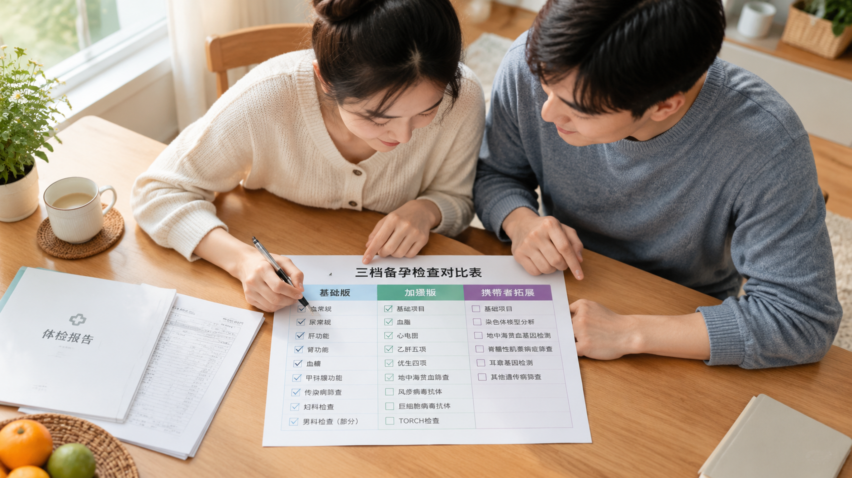 中国年轻夫妻在家中餐桌前一起核对备孕检查清单,桌面有一张清晰的“三档备孕检查对比表”纸质清单(基础版