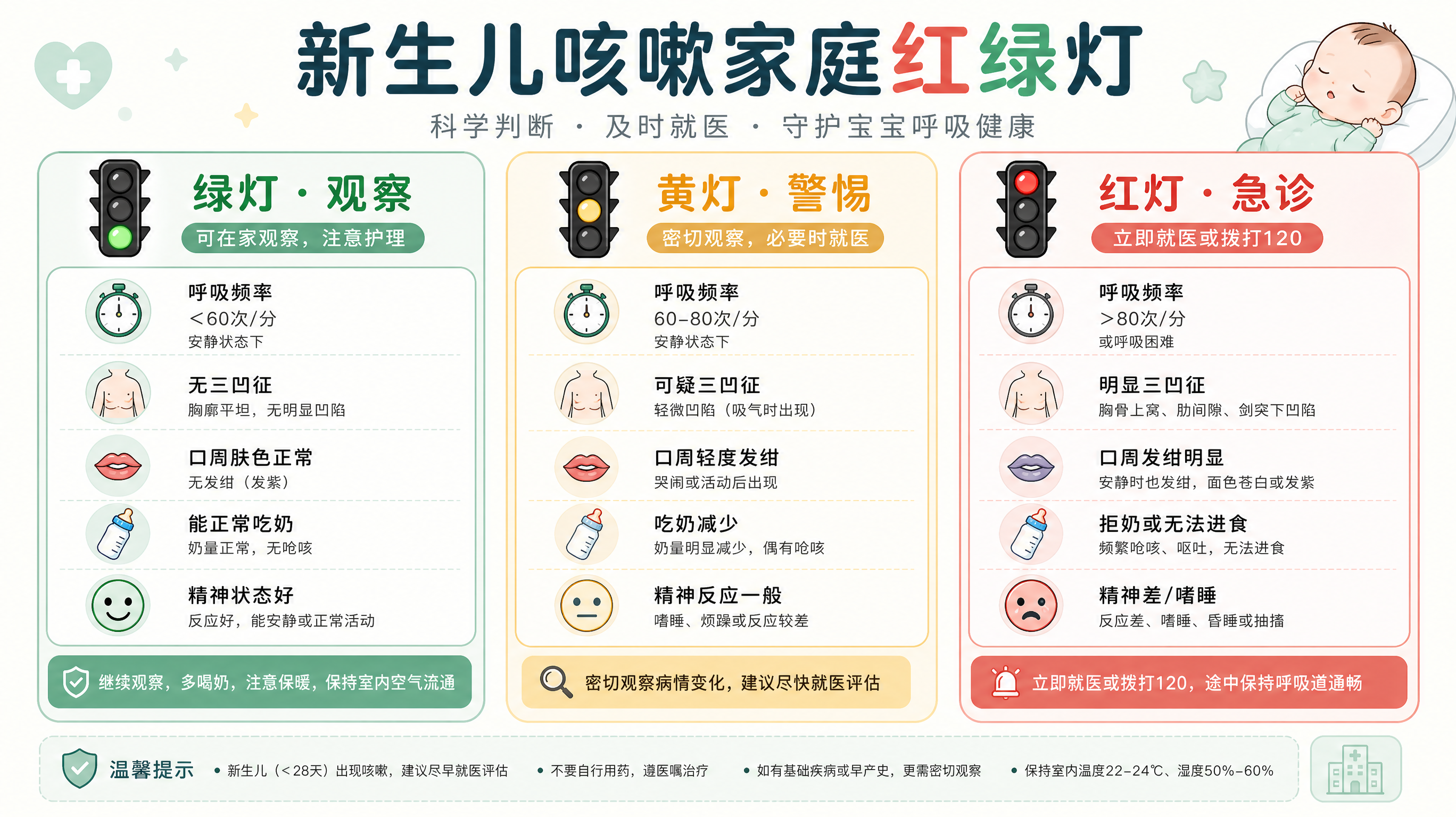 冷静医学插画风的信息图，画面主体为“新生儿咳嗽家庭红绿灯”流程图，三栏结构：绿灯观察、黄灯警惕、红灯