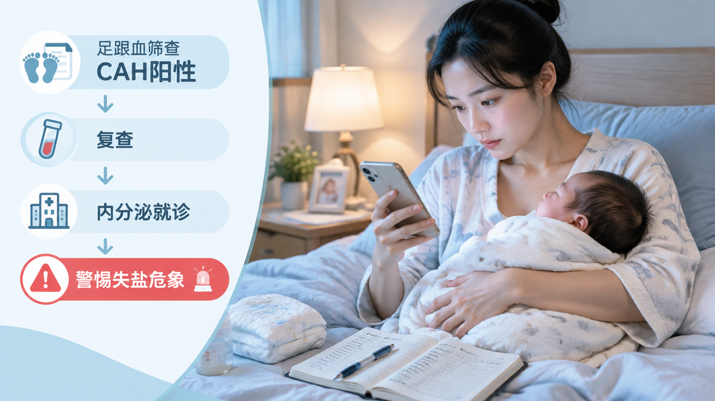 中国年轻妈妈夜晚在卧室柔和台灯下，怀抱中国新生儿，另一只手拿着手机查看“足跟血筛查 CAH阳性”的通