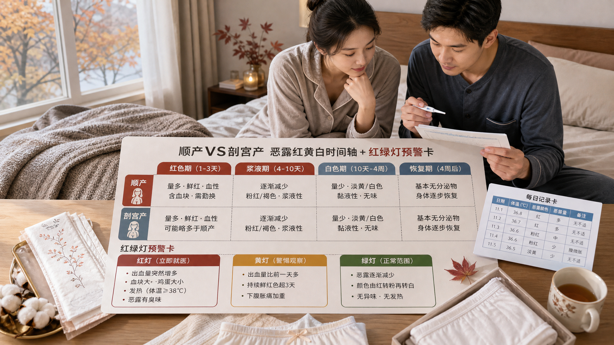 中国年轻产后妈妈坐在卧室床边穿着深秋家居服，旁边是中国年轻爸爸拿着记录卡与体温计一起核对数据，画面核