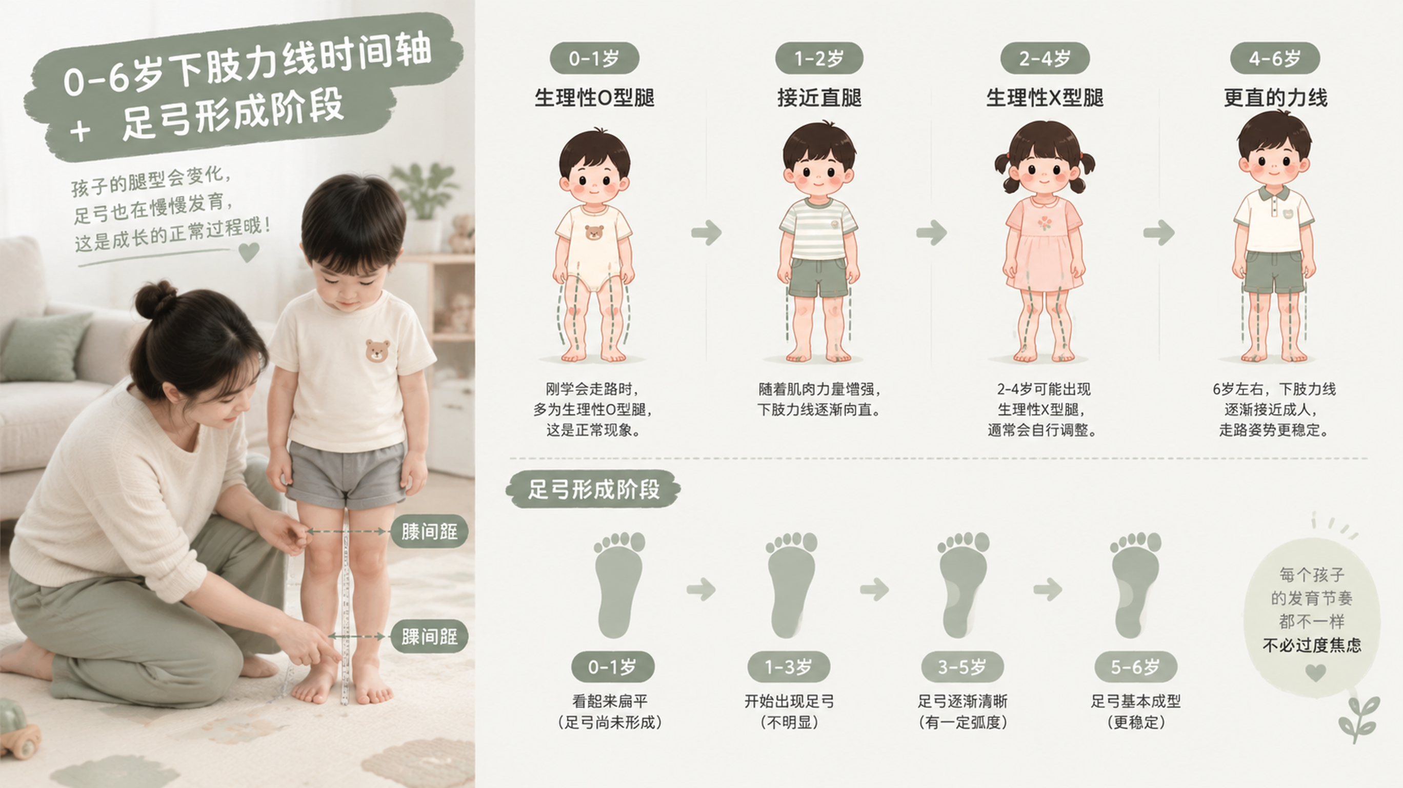 一张信息插画风格的科普配图，画面主体为“0-6岁下肢力线时间轴 + 足弓形成阶段”，中国婴幼儿与学龄